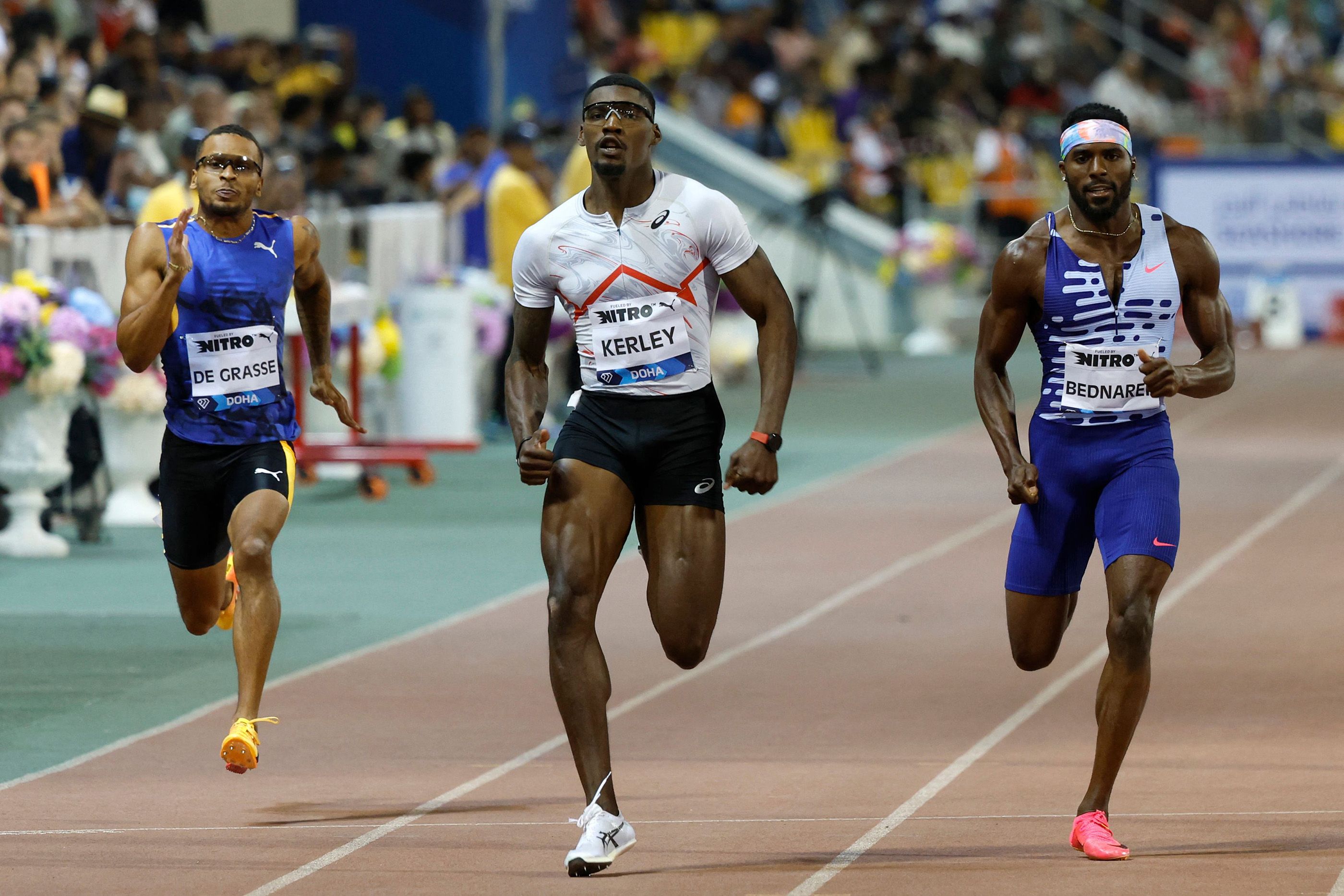 Fred Kerley on his way to 200m triumph at the Doha Diamond League