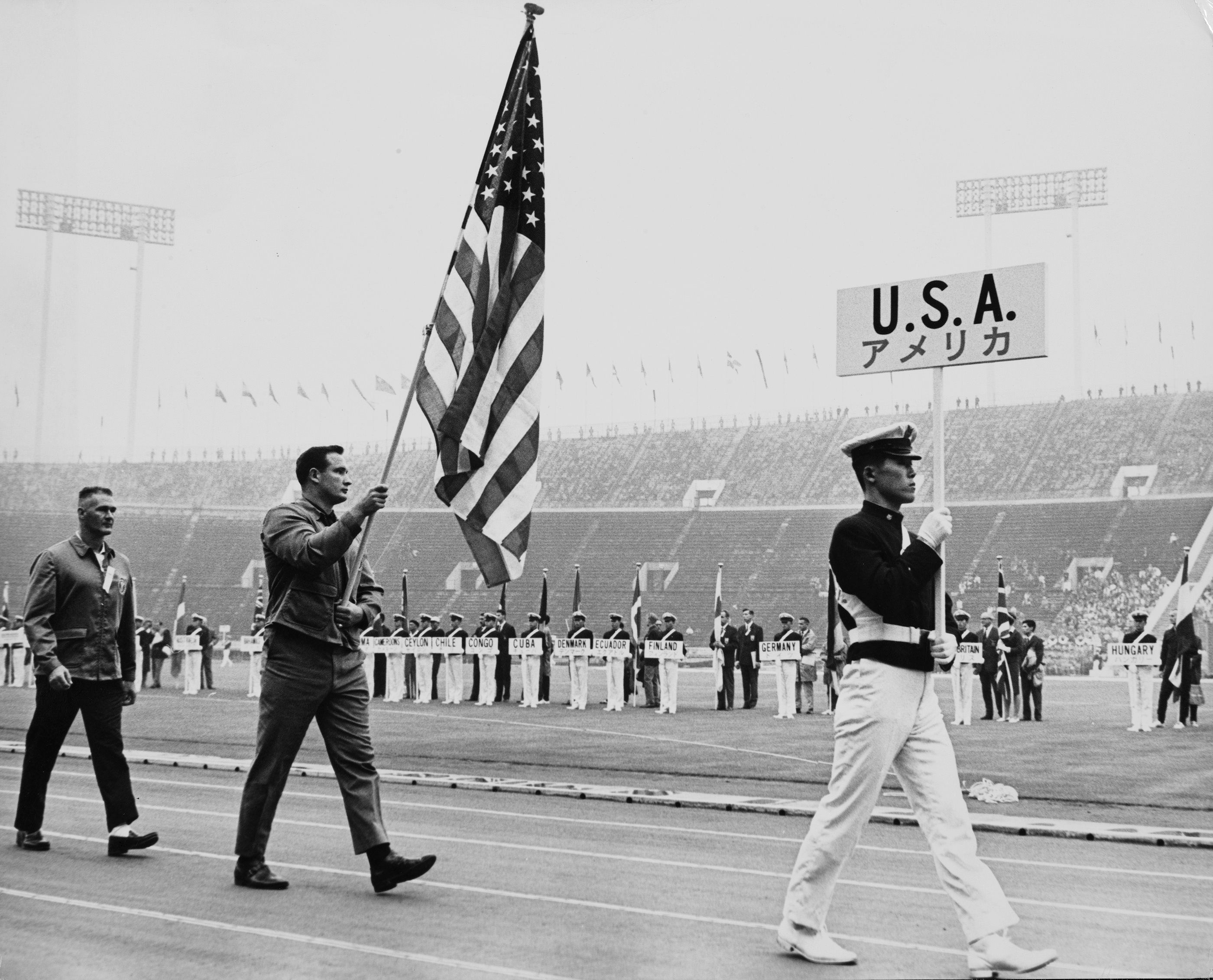Parry O'Brien during the final rehearsal for the opening ceremony of the 1964 Olympic Games in Tokyo