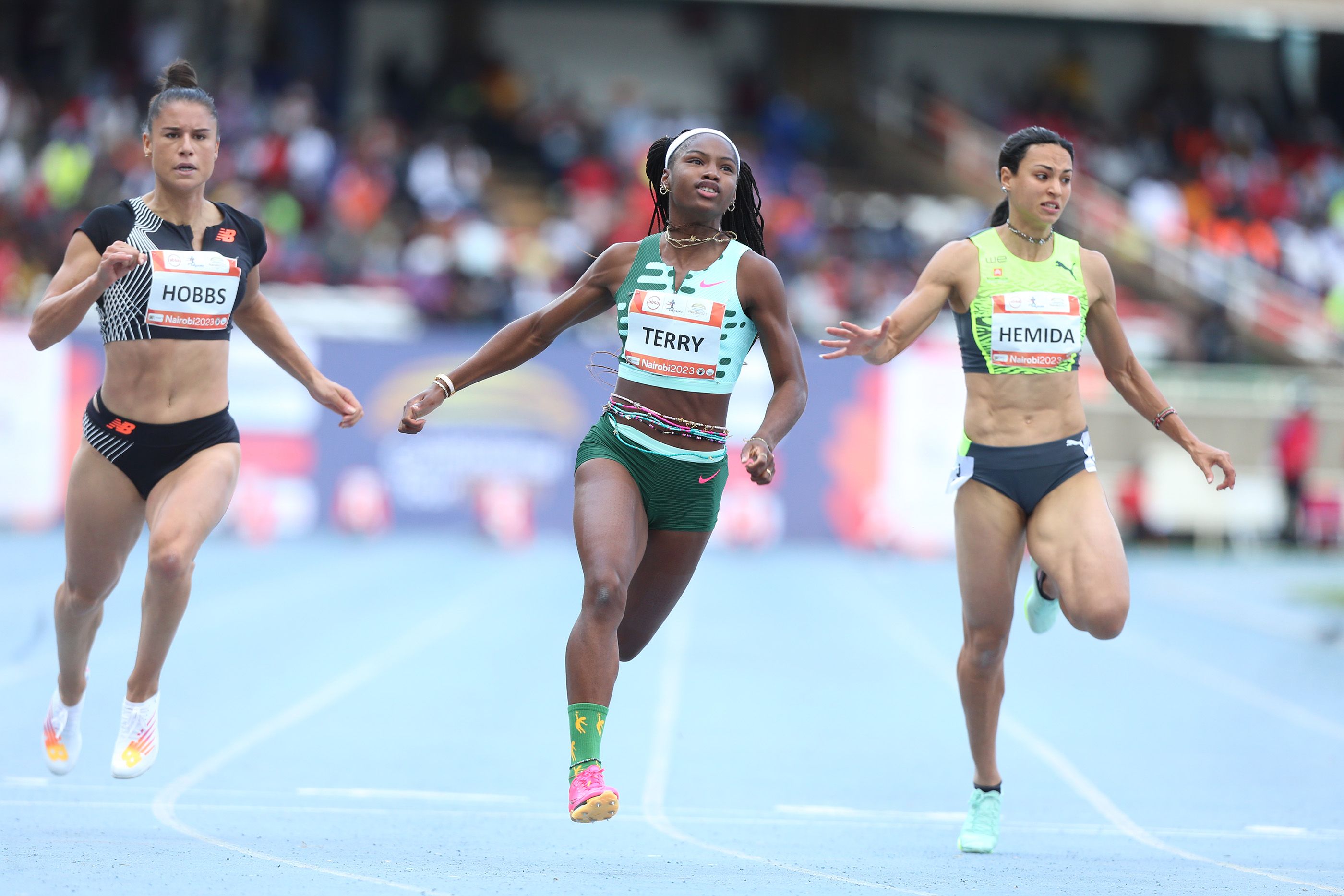 Twanisha Terry wins the 100m at the Kip Keino Classic in Nairobi
