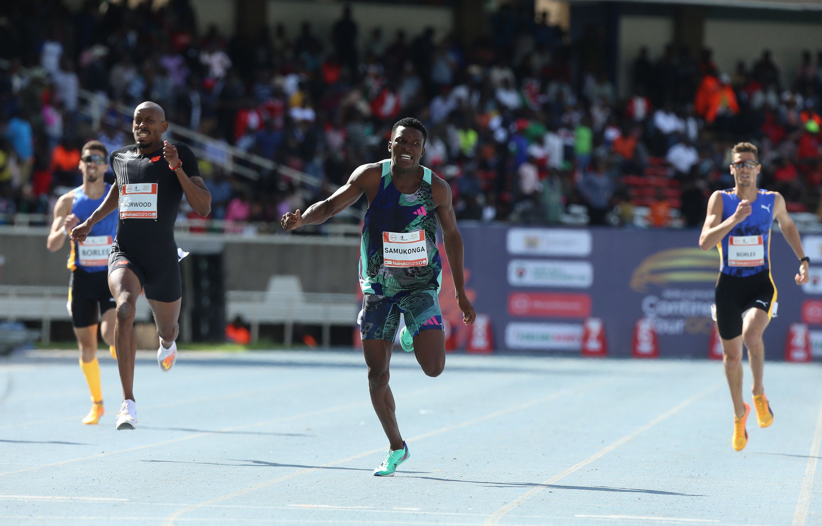Muzala Samukonga wins the 400m at the Kip Keino Classic in Nairobi
