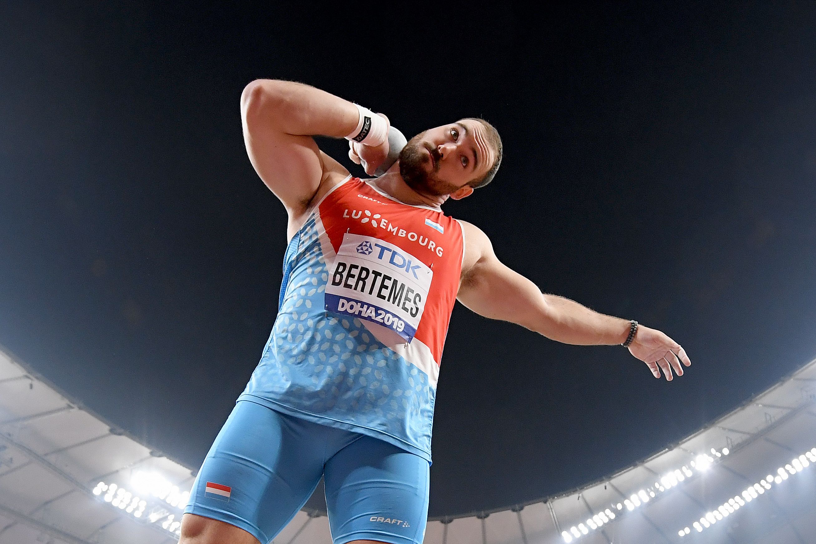 Shot putter Bob Bertemes competes at the 2019 World Athletics Championships in Doha