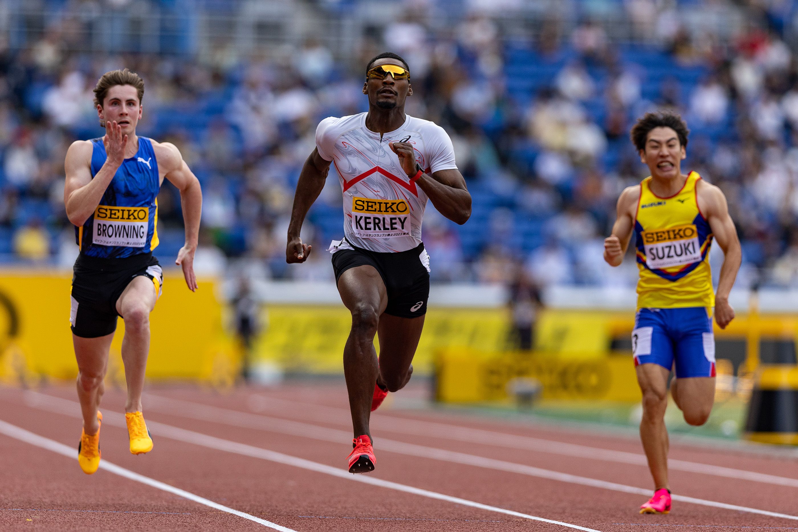 Fred Kerley on his way to a 100m win in Yokohama