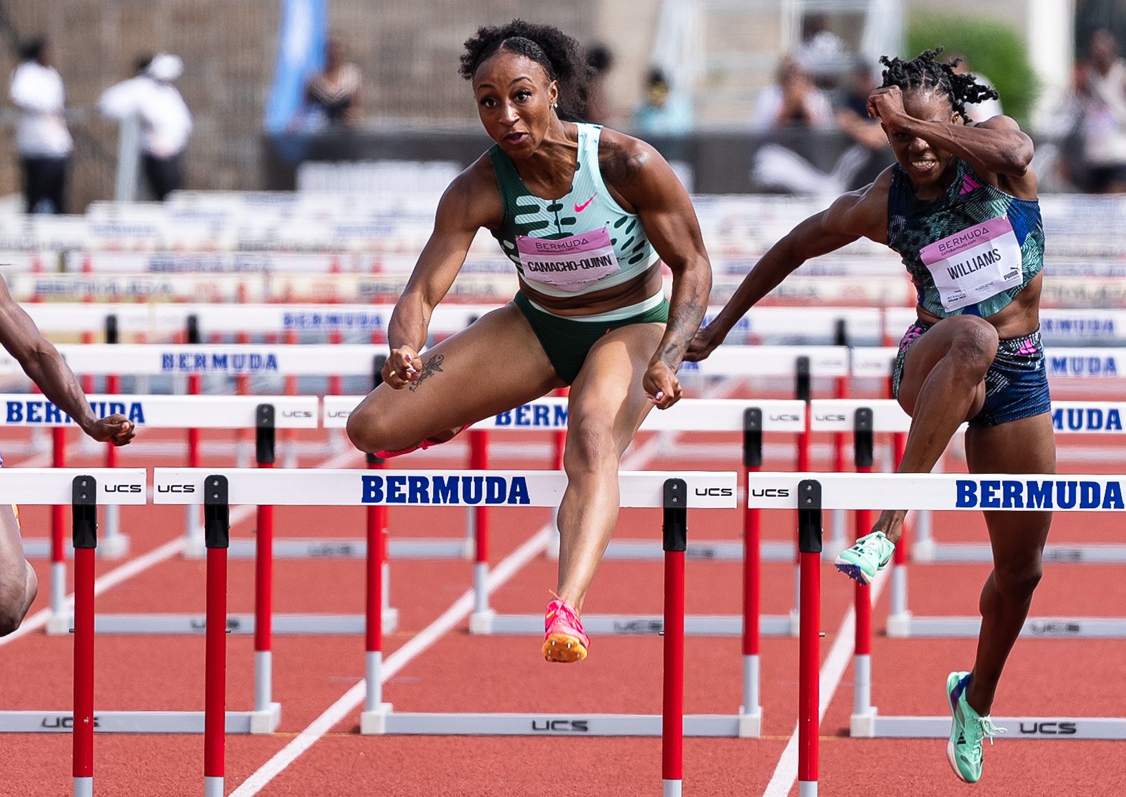 Jasmine Camacho-Quinn on her way to a 100m hurdles win at the USATF Bermuda Grand Prix