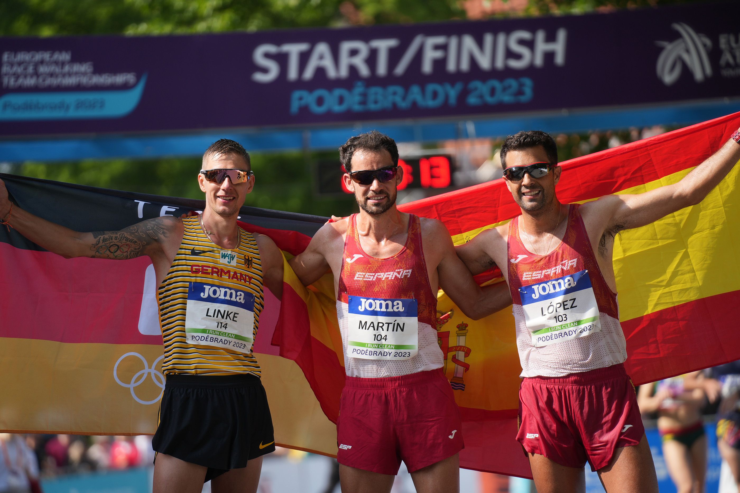 The men's 35km race walk podium at the European Race Walking Team Championships