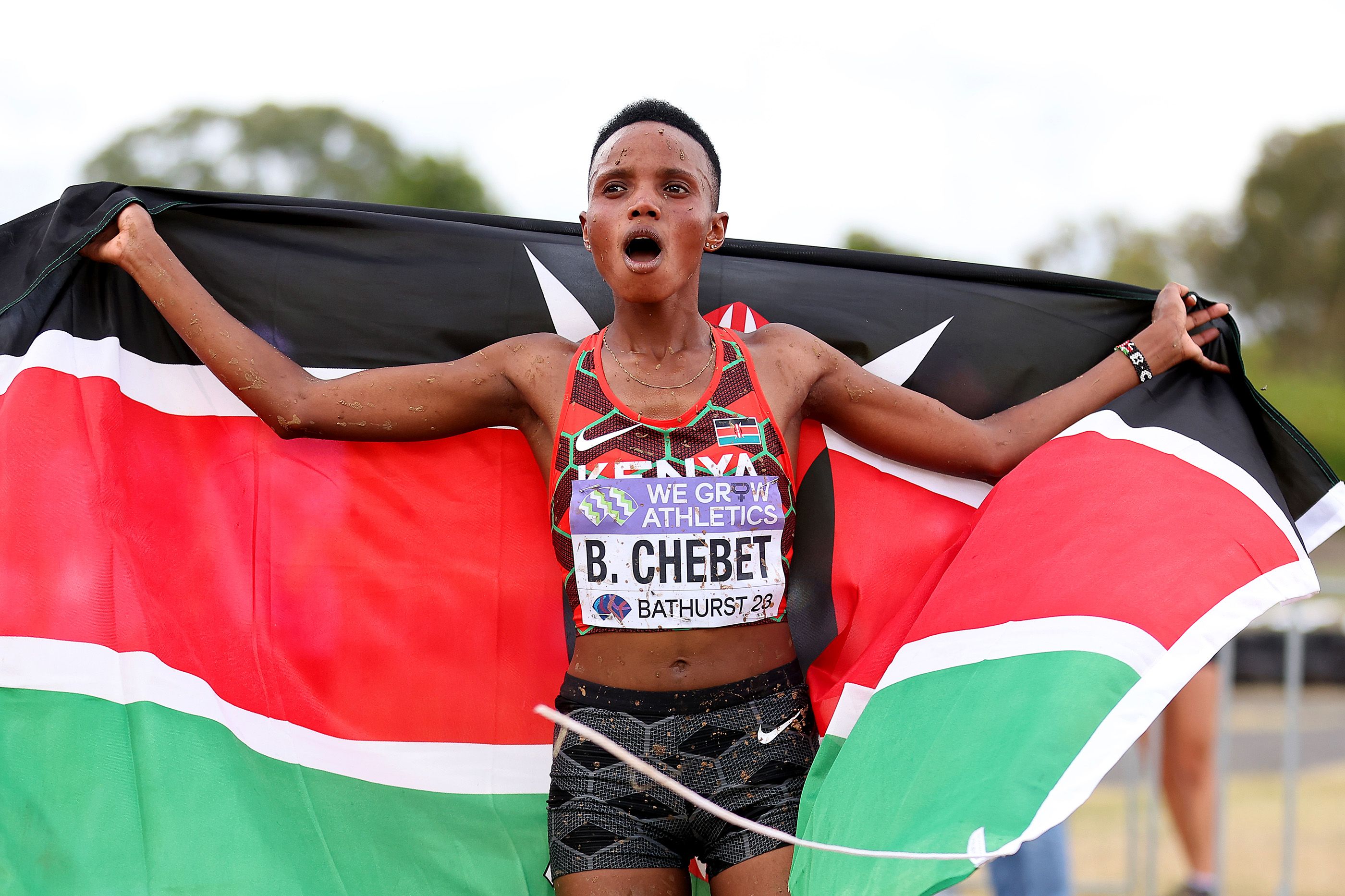 Beatrice Chebet celebrates her win at the World Cross Country Championships in Bathurst
