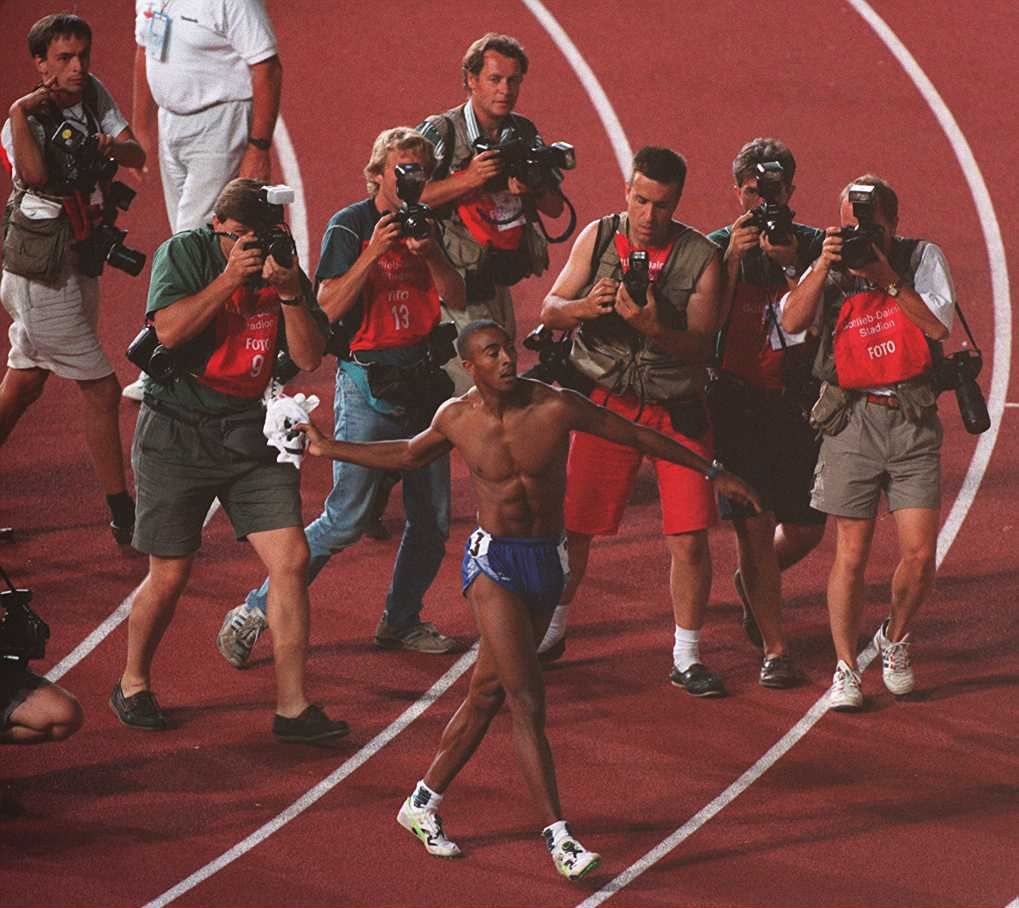 Colin Jackson after winning the 1993 world 110m hurdles title in a world record