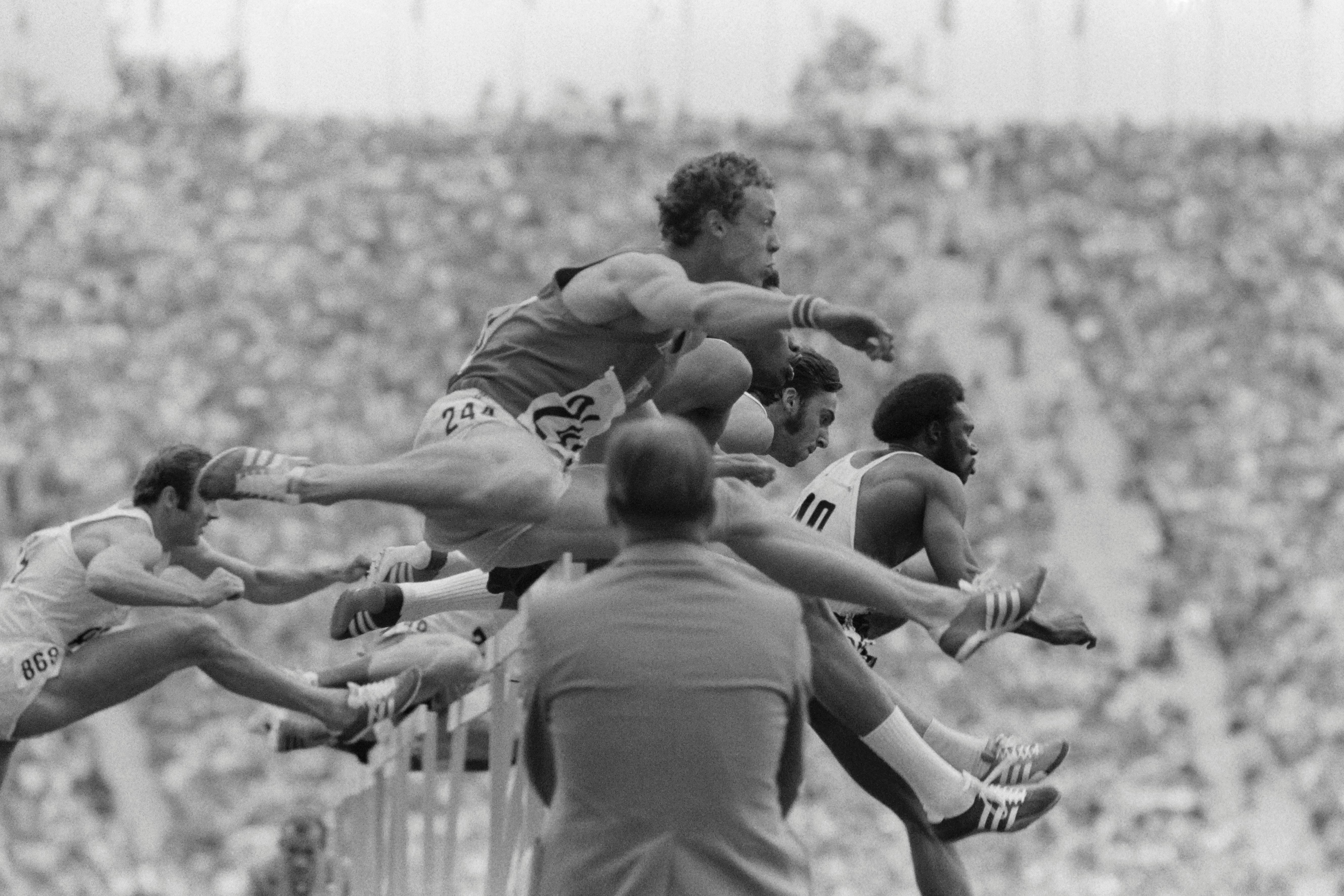Rod Milburn leads the 110m hurdles at the 1972 Olympics in Munich