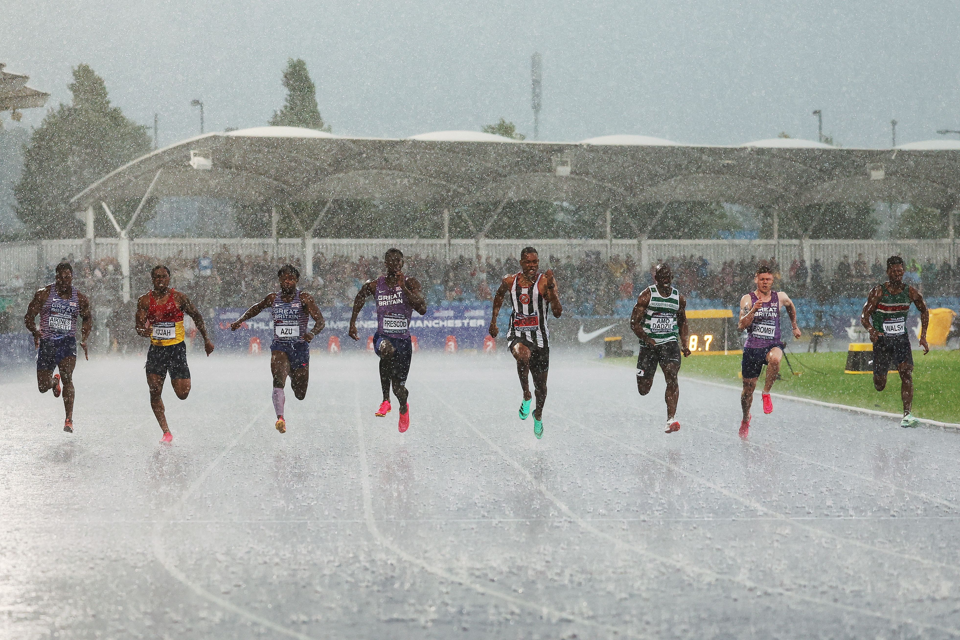 Zharnel Hughes on his way to winning the 100m at the UK Championships