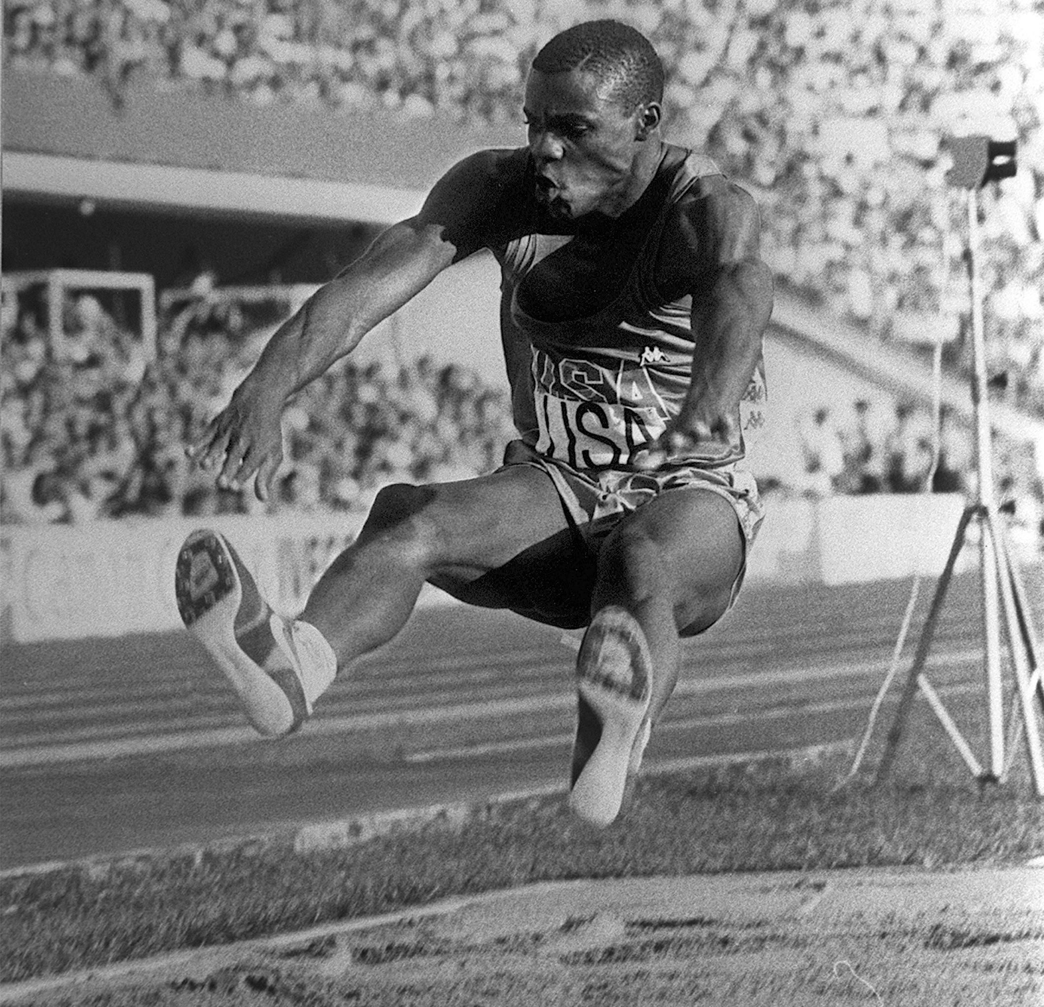 USA's Carl Lewis contests the long jump at the inaugural World Championships in Helsinki
