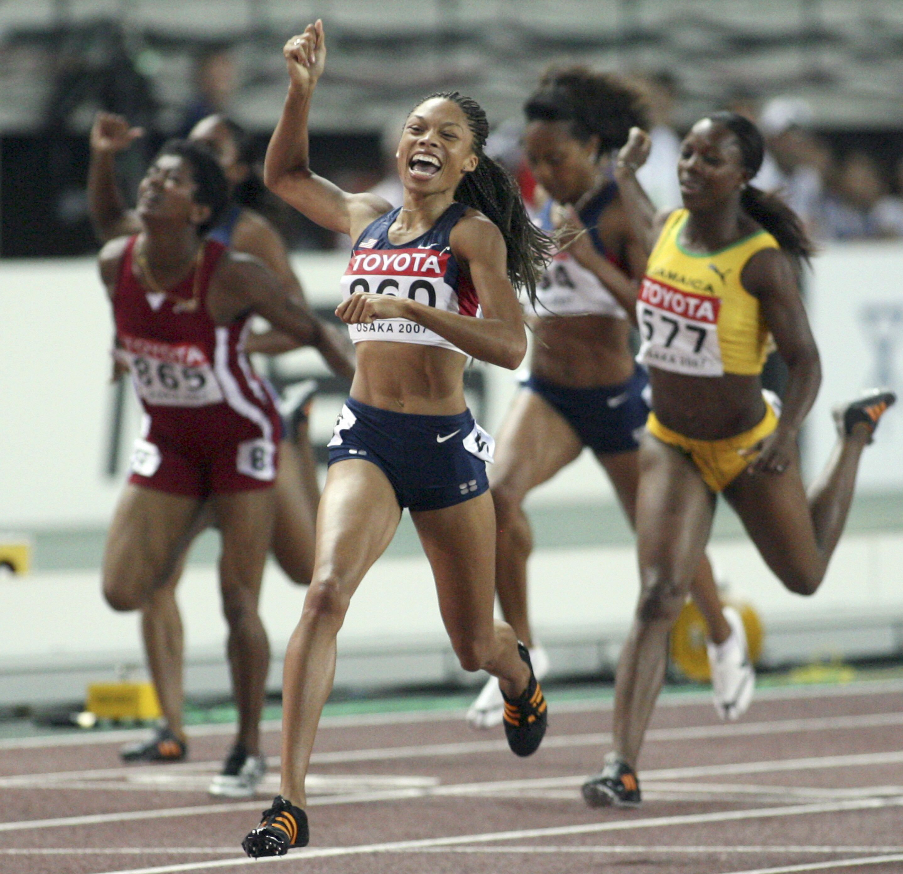 Allyson Felix celebrates her 200m win at the 2007 World Championships in Osaka
