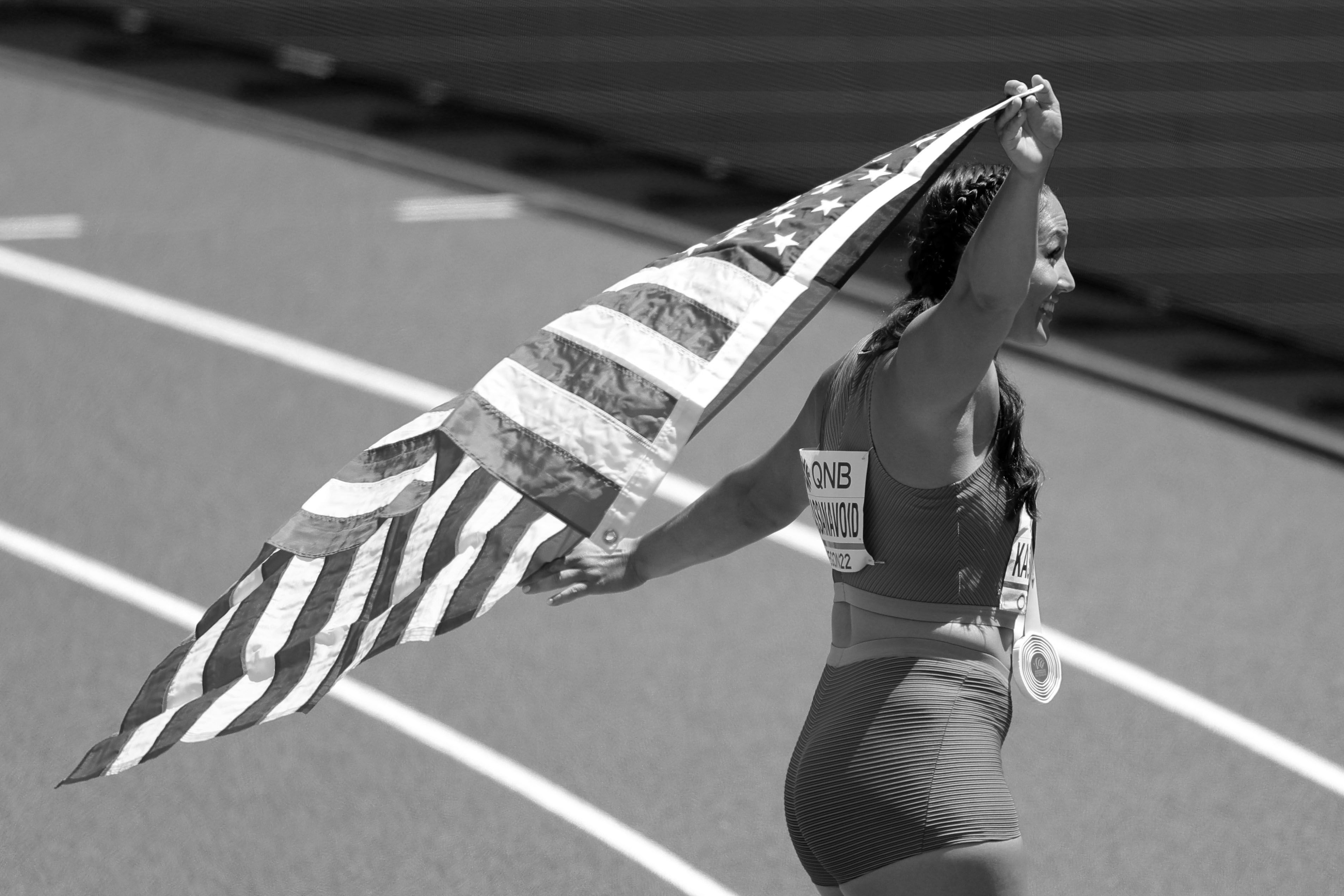 Janee’ Kassanavoid celebrates winning bronze at the World Athletics Championships Oregon22