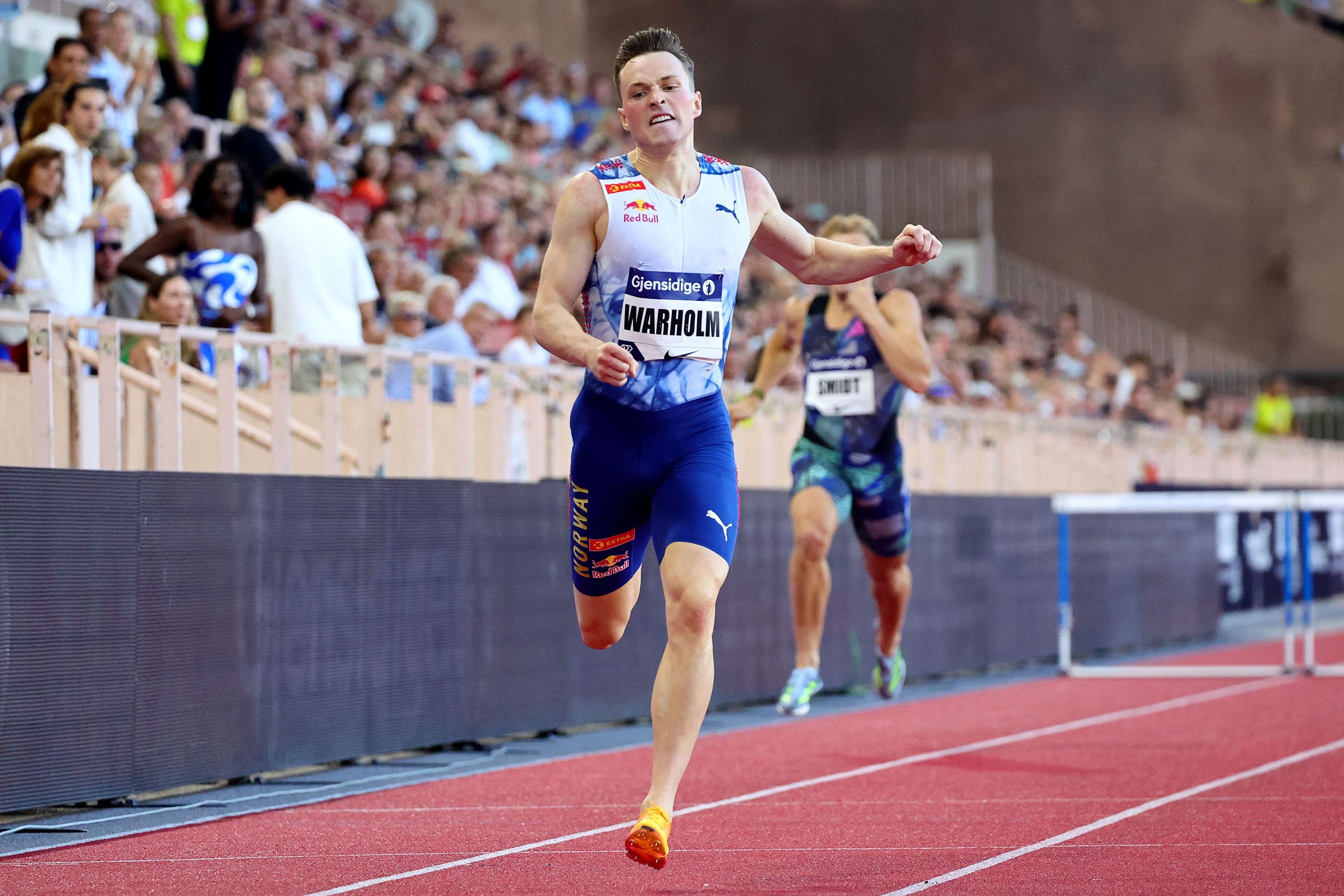 Karsten Warholm on his way to a Diamond League record in the 400m hurdles in Monaco