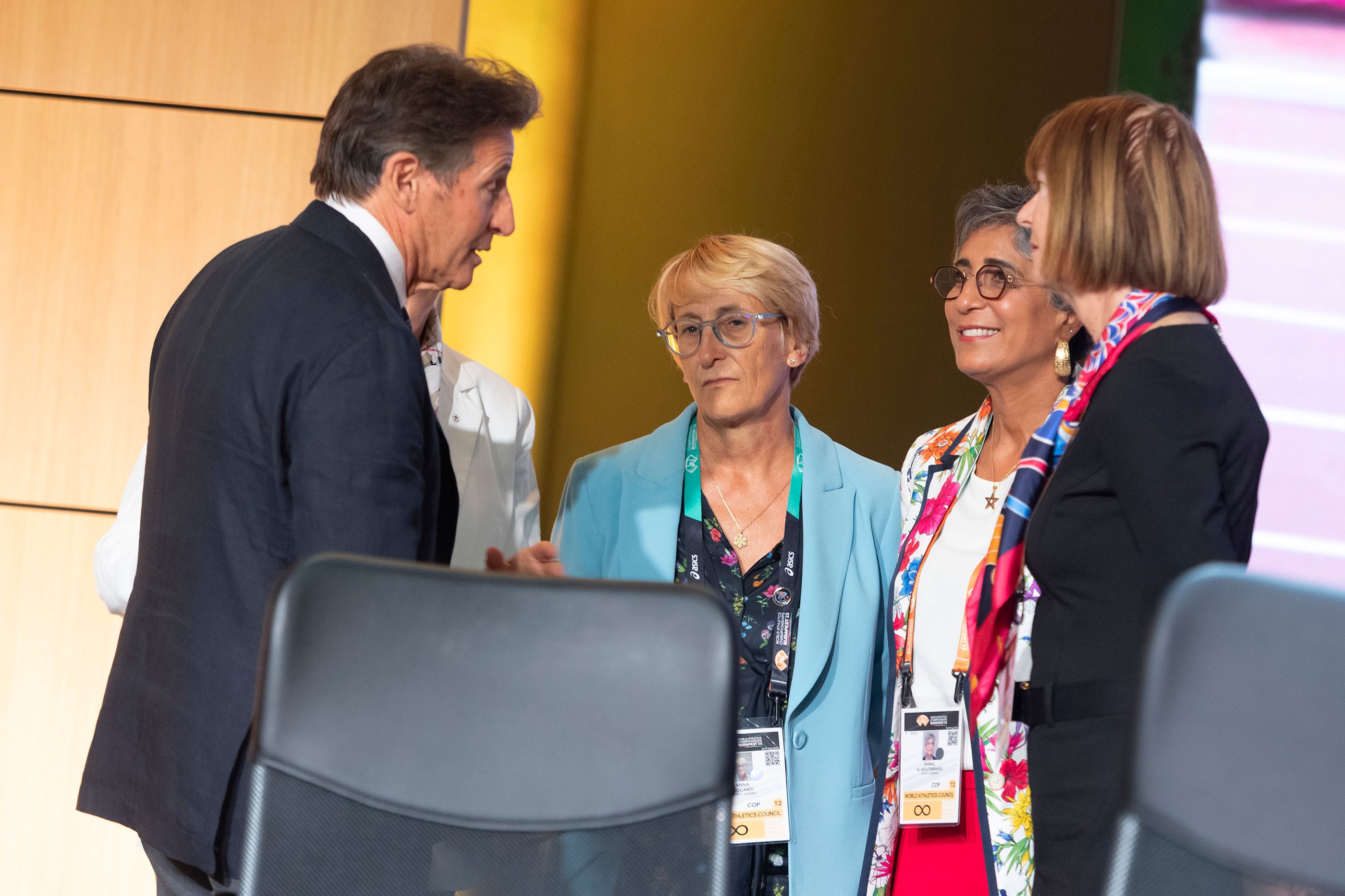 Sebastian Coe with Anna Riccardi, Nawal El Moutawakel and Sylvia Barlag at the 54th World Athletics Congress
