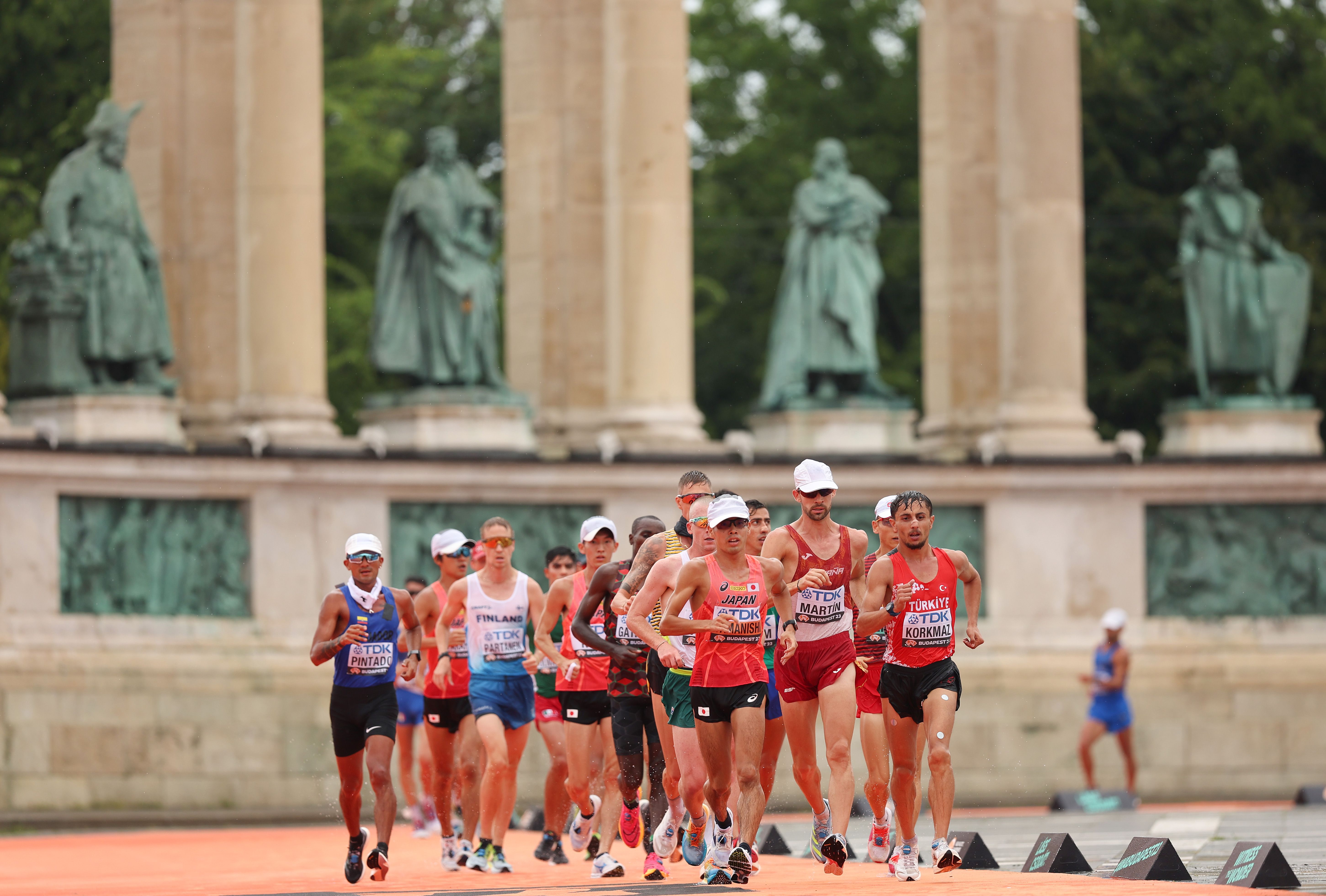 The lead pack in the 20km race walk at the World Athletics Championships Budapest 23