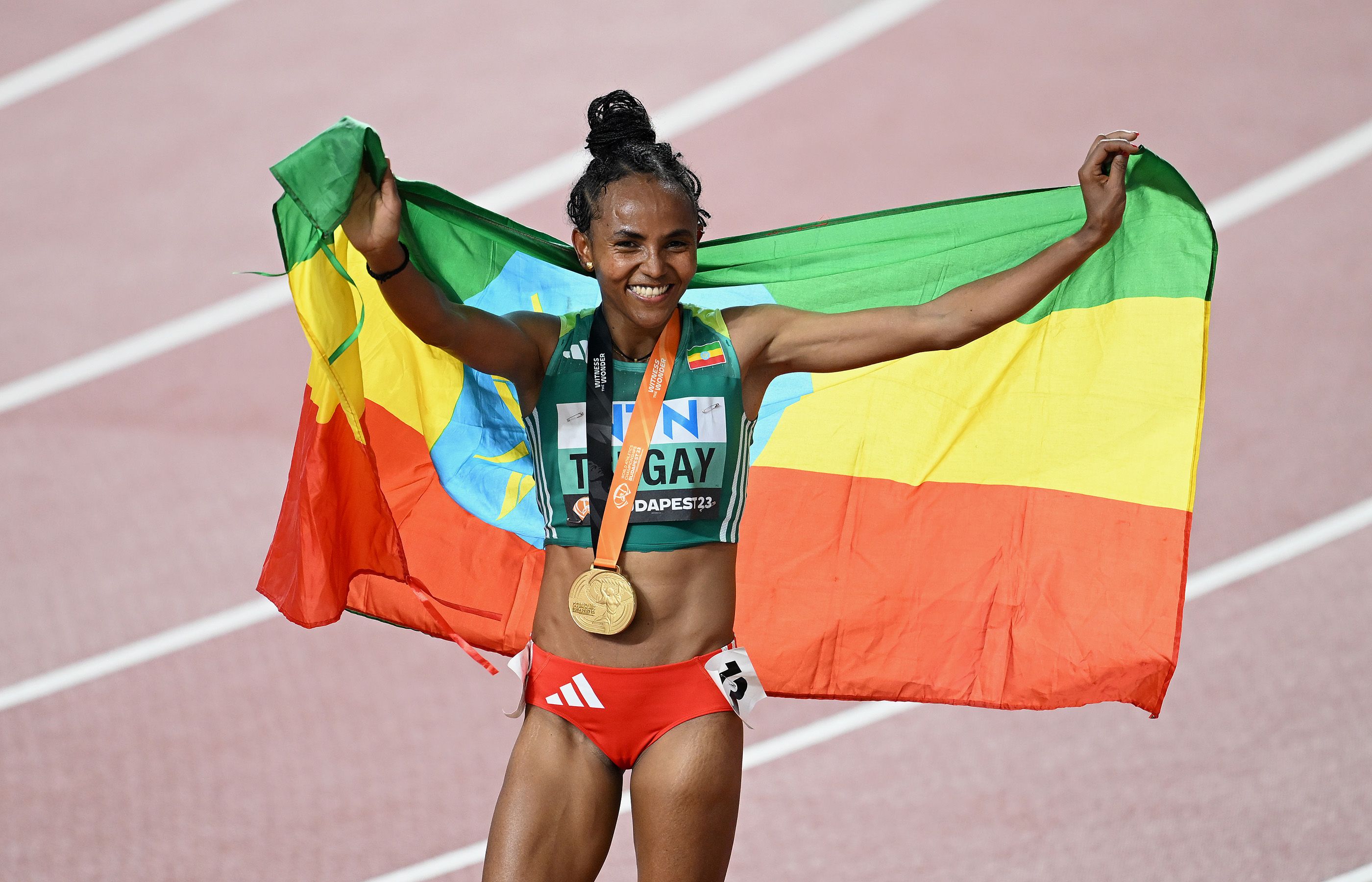 Gudaf Tsegay celebrates her 10,000m win in Budapest