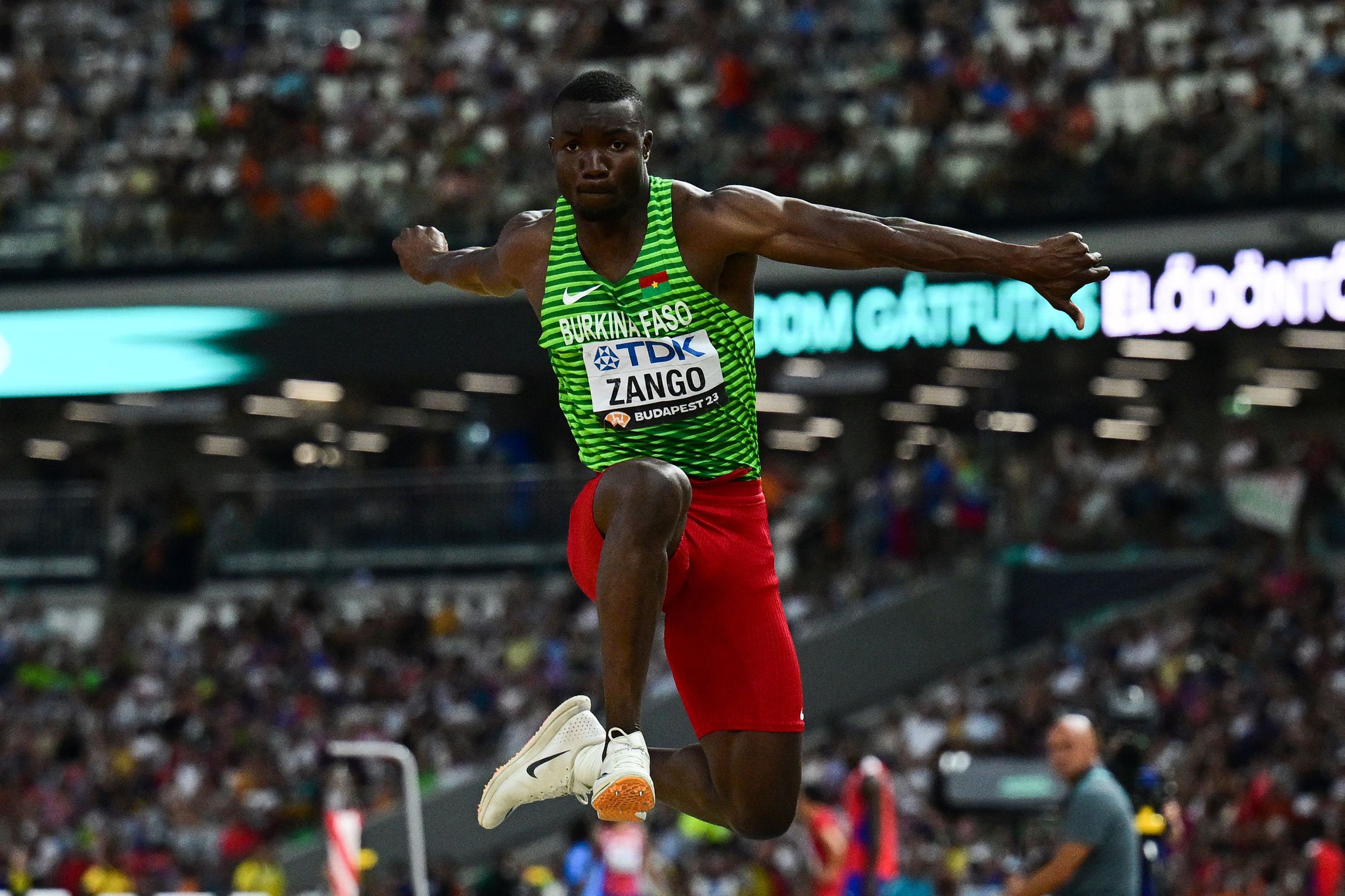 Hugues Fabrice Zango in triple jump action in Budapest