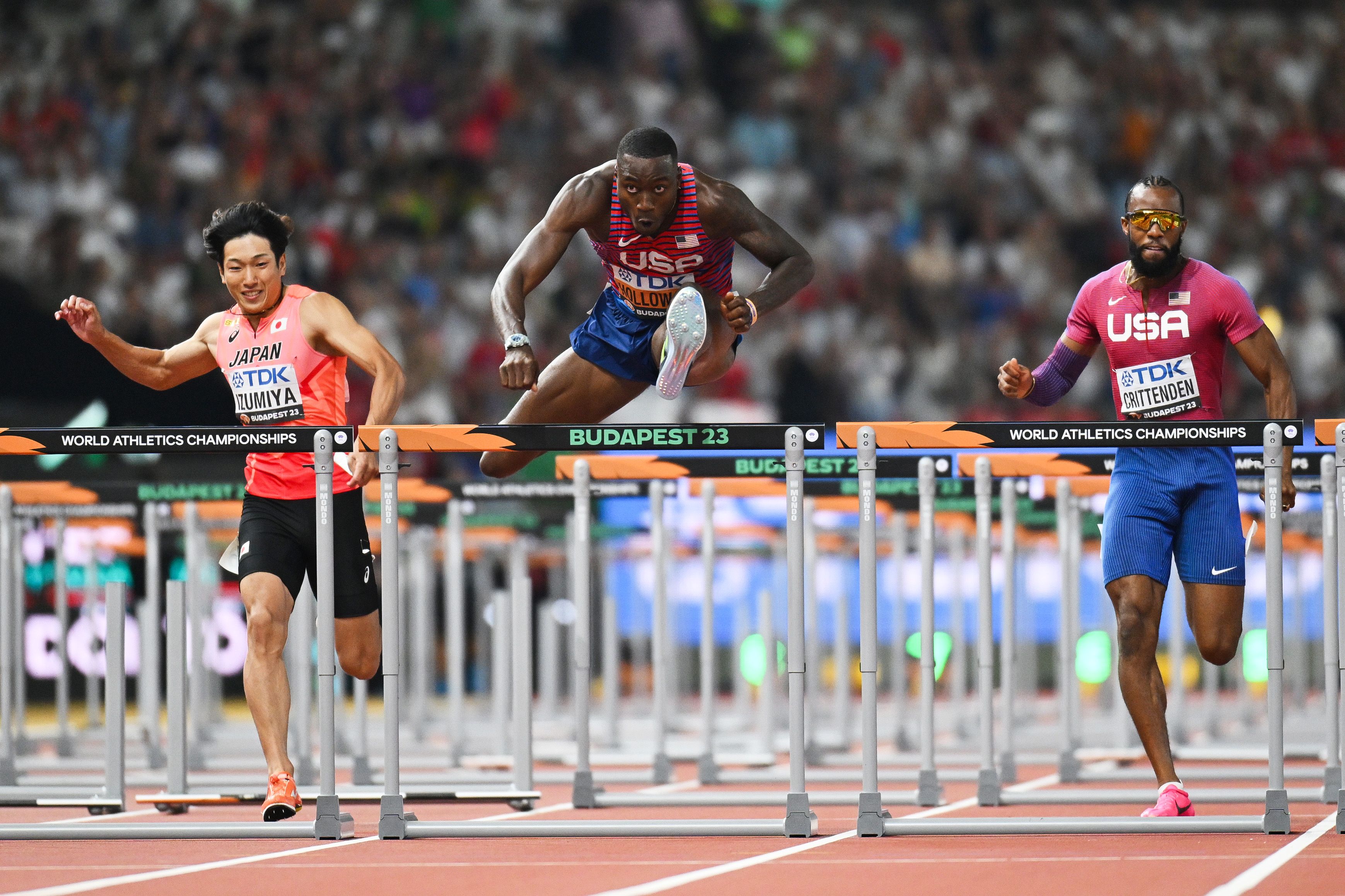 Grant Holloway wins the 110m hurdles at the World Athletics Championships Budapest 23