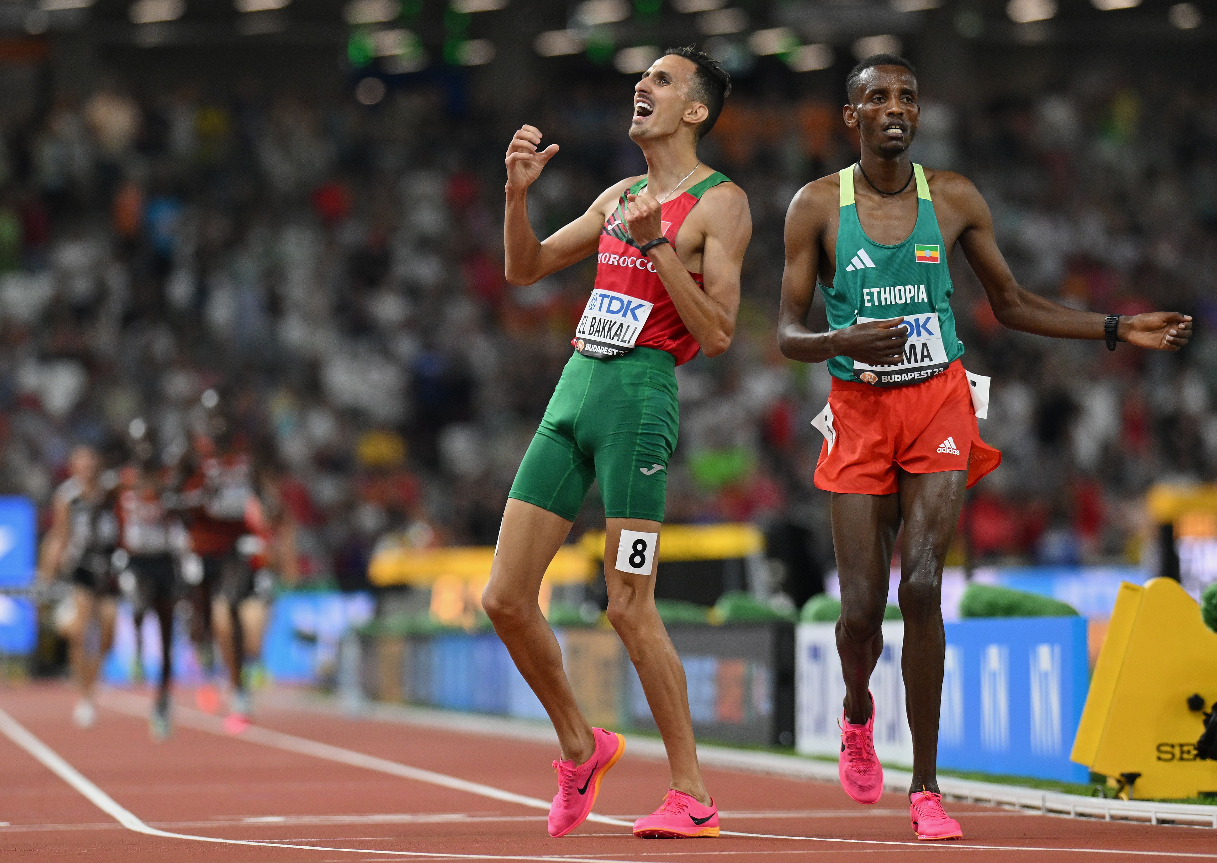 Soufiane El Bakkali beats Lamecha Girma in the 3000m steeplechase at the World Athletics Championships Budapest 23