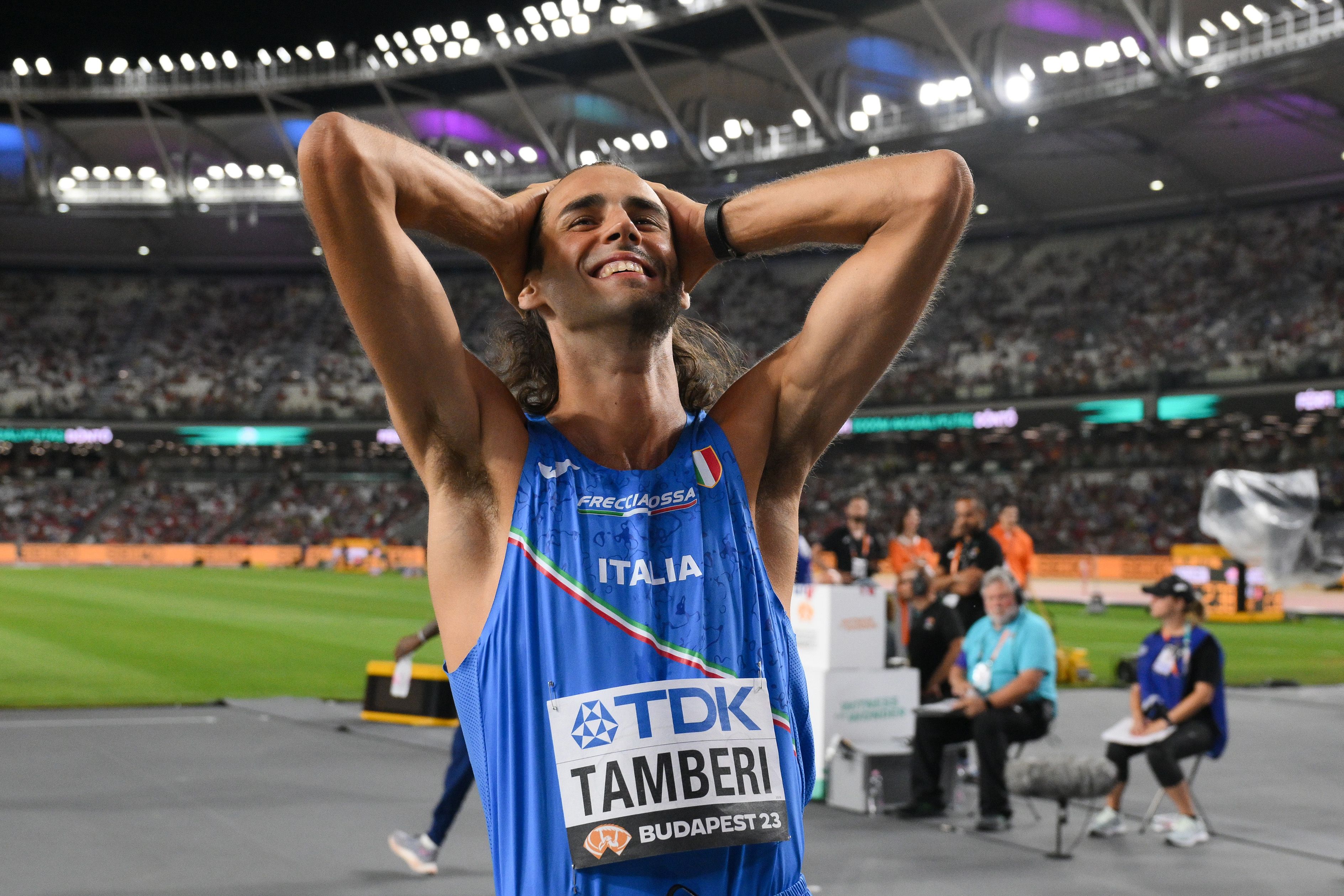 Gianmarco Tamberi celebrates his high jump win in Budapest