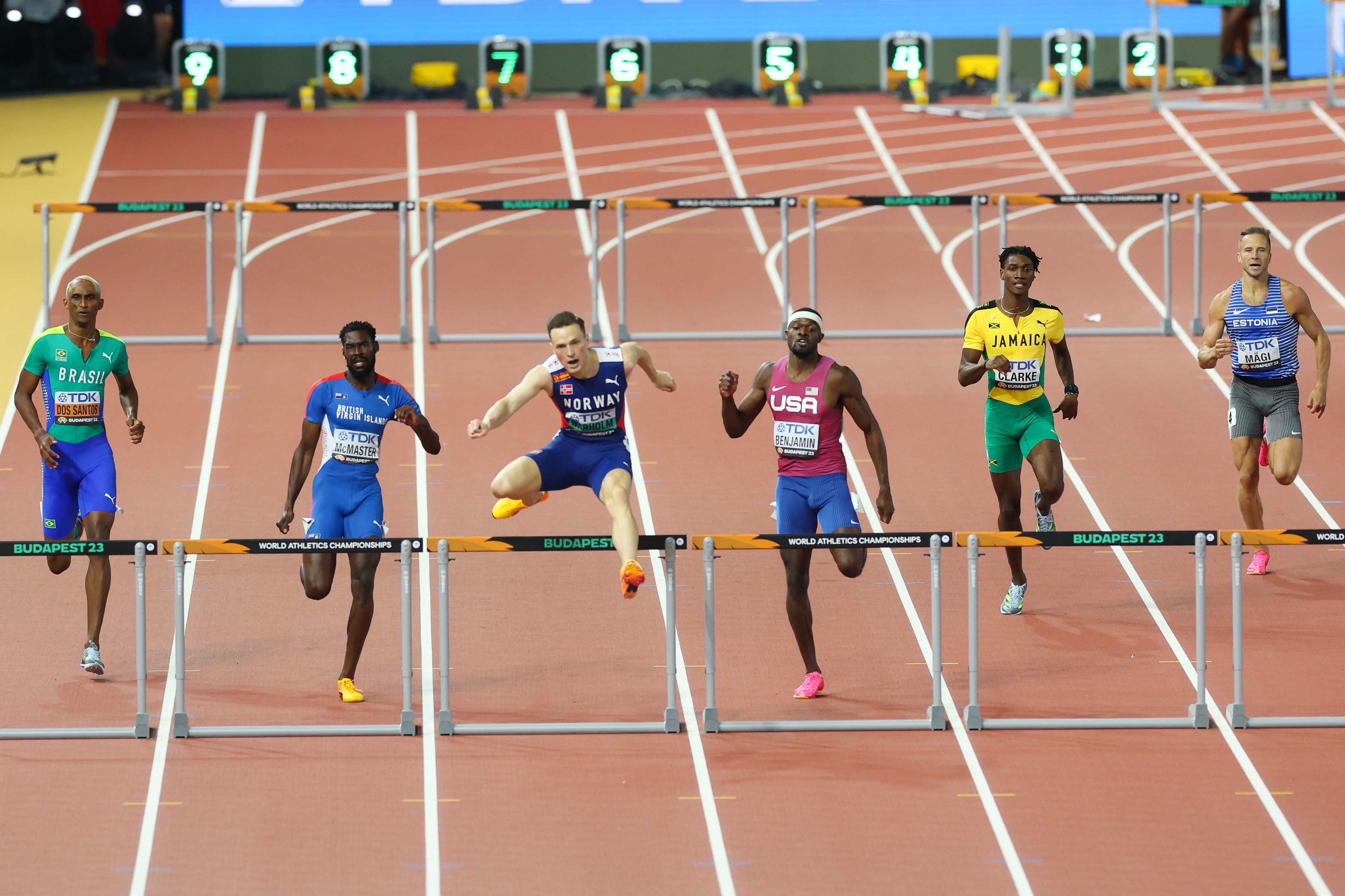 Karsten Warholm on his way to winning the 400m hurdles at the World Athletics Championships Budapest 23