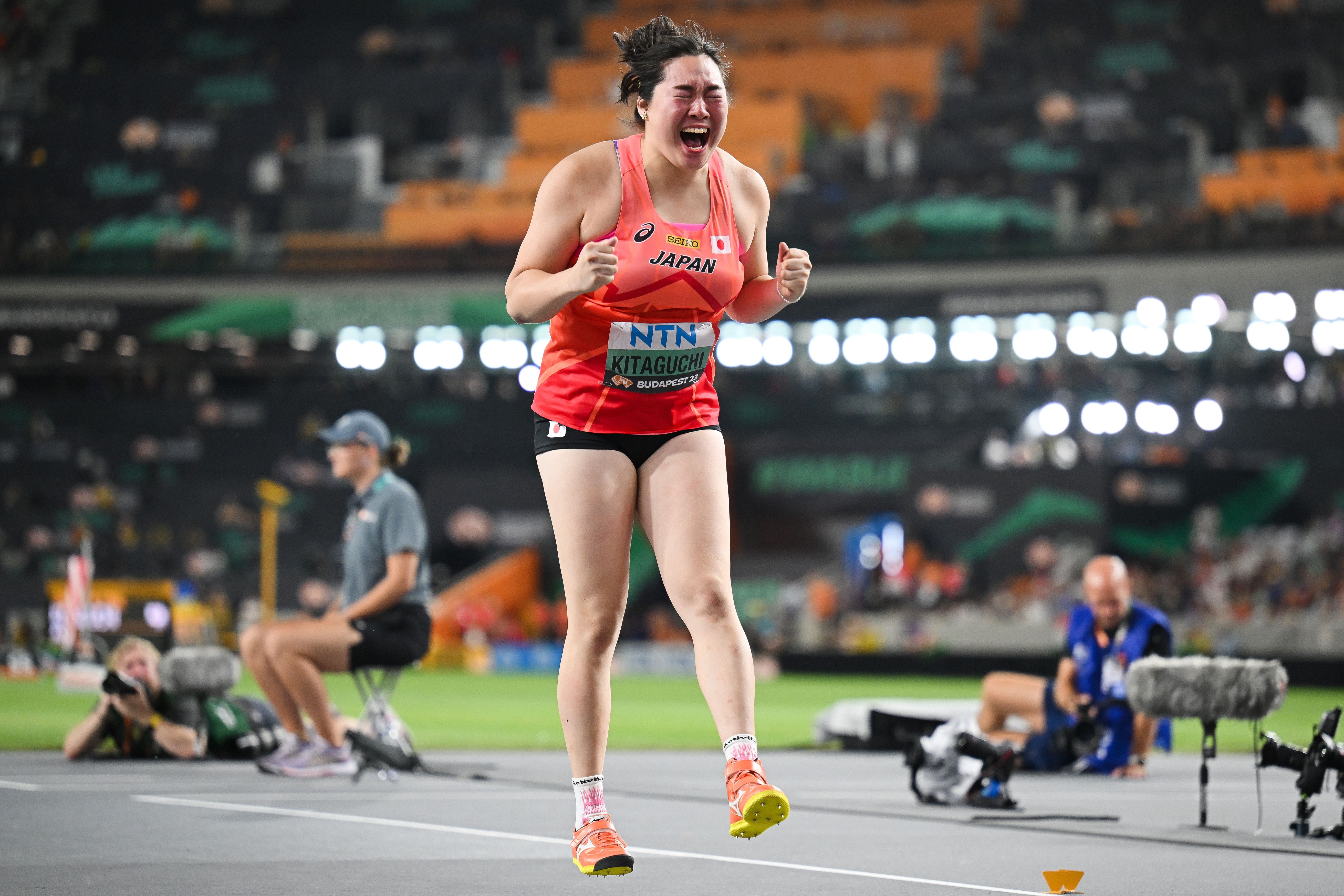 Haruka Kitaguchi celebrates her javelin win at the World Athletics Championships Budapest 23