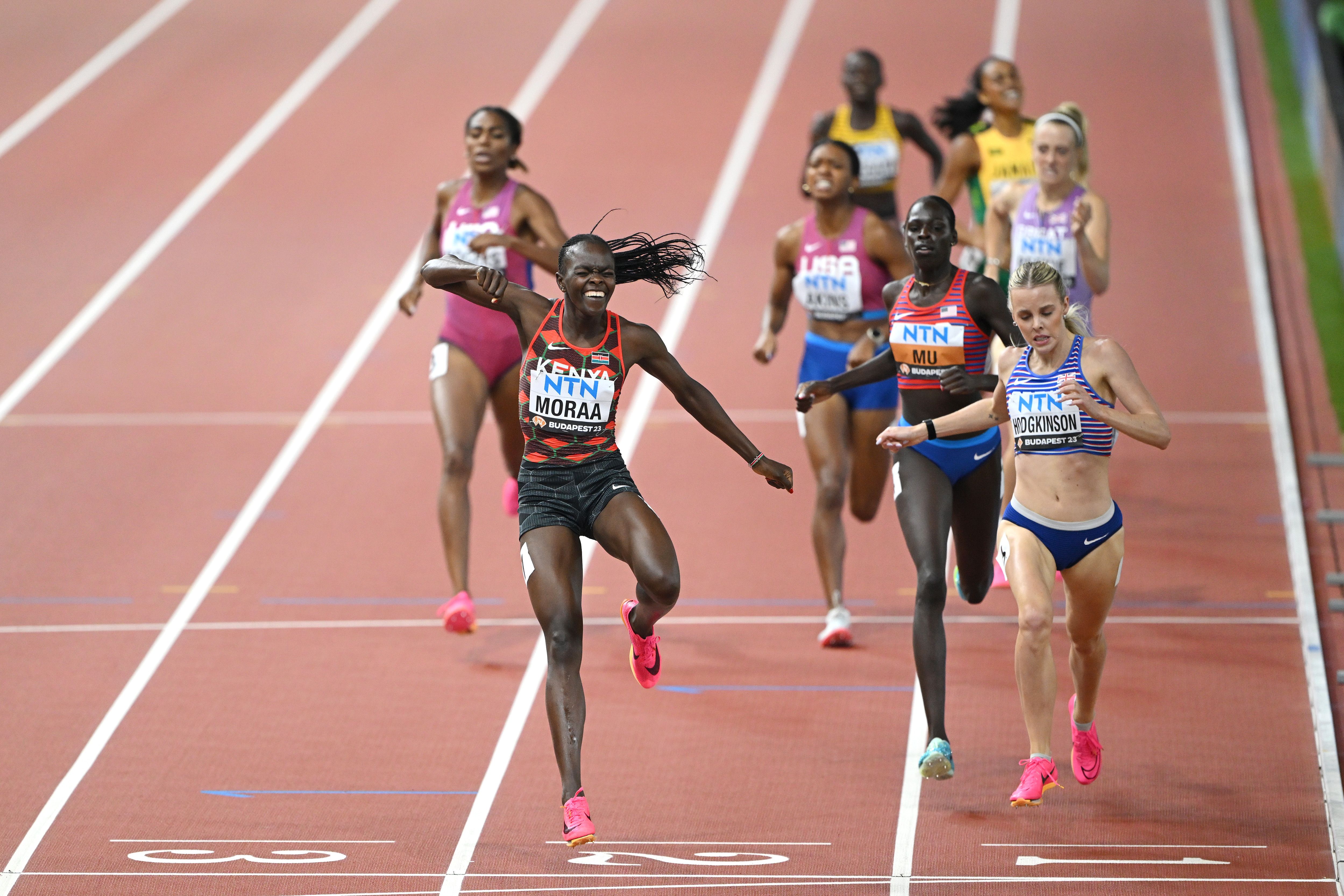 Mary Moraa celebrates her 800m win at the World Athletics Championships Budapest 23