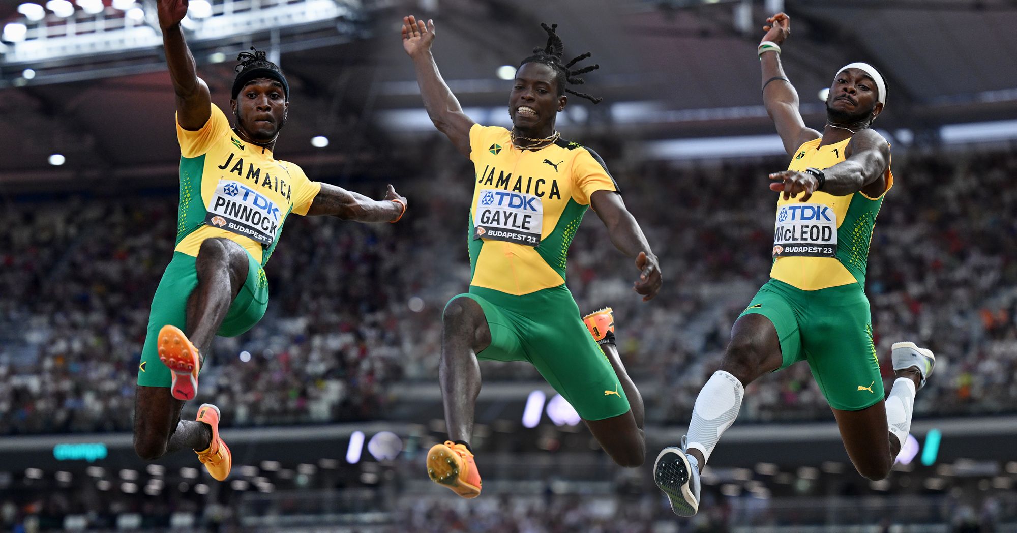 Wayne Pinnock, Tajay Gayle and Carey McLeod at the World Athletics Championships Budapest 23