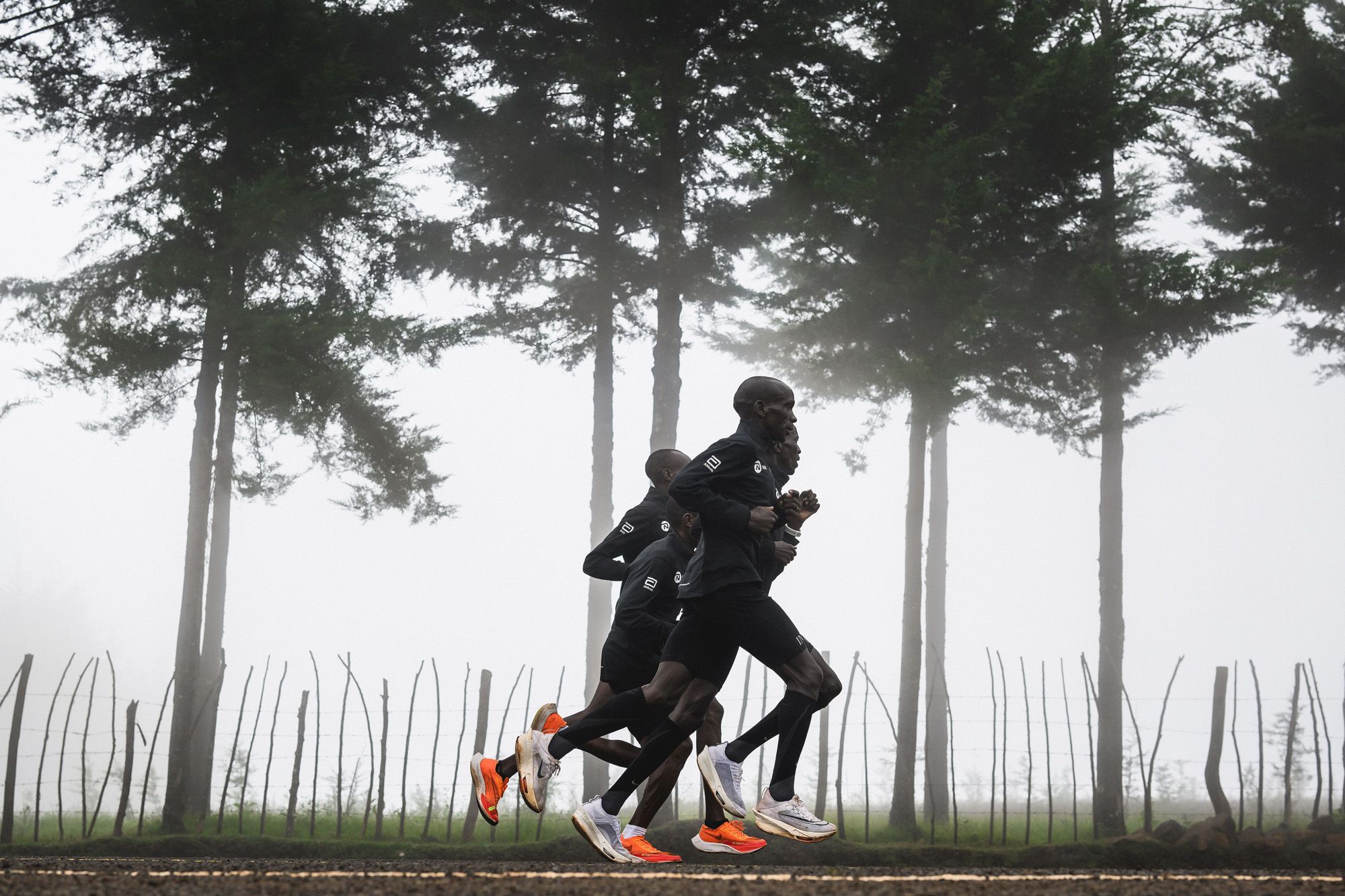 Eliud Kipchoge and his training partners on a training run