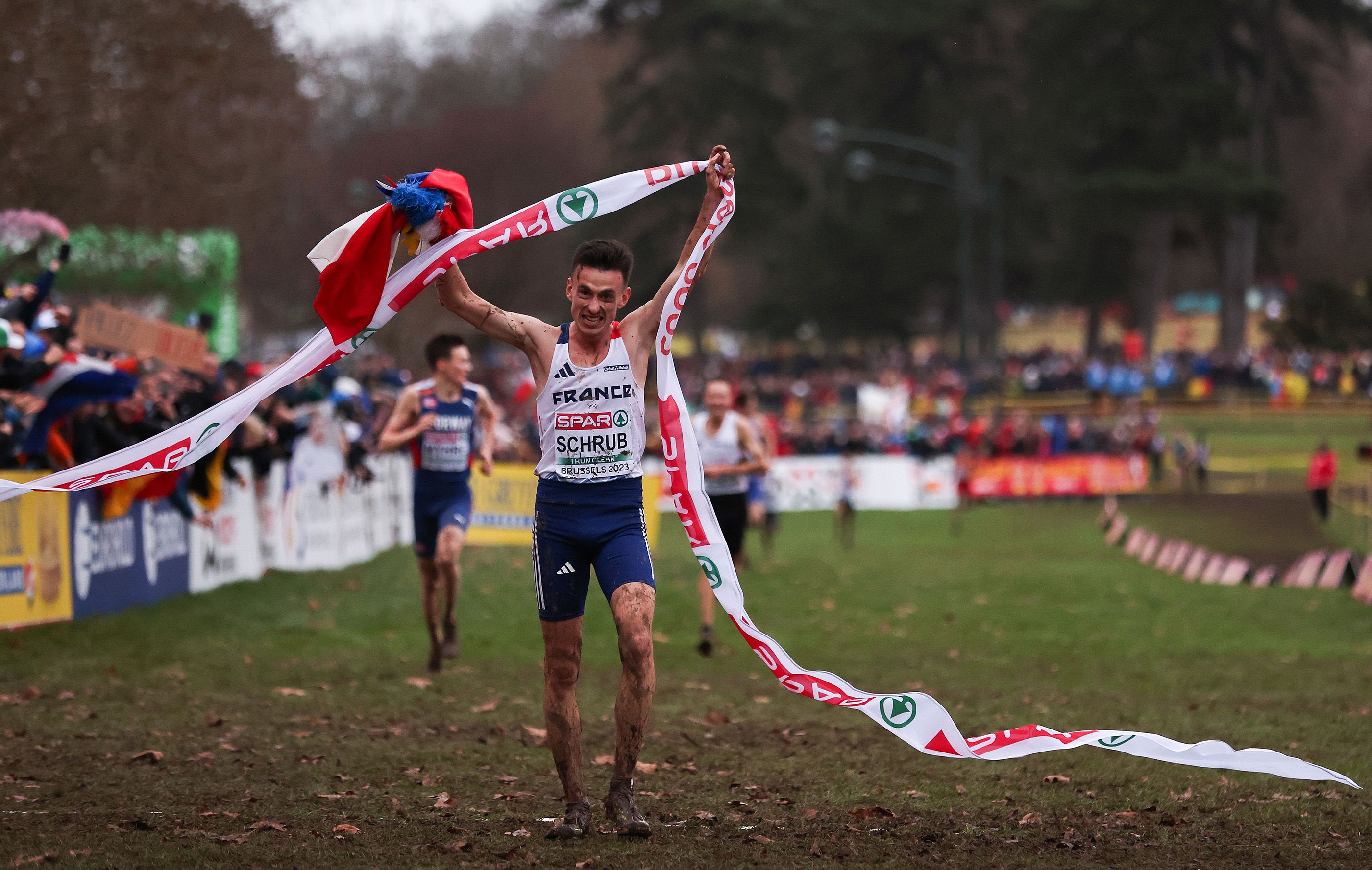 Yann Schrub celebrates his win at the European Cross Country Championships