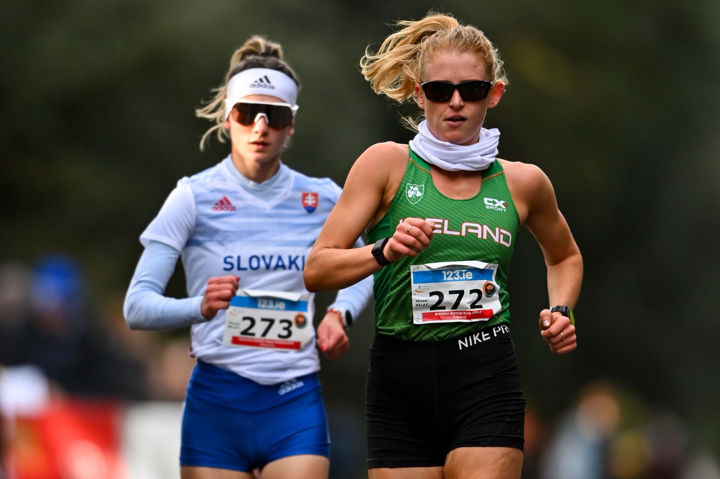 Hana Burzalova poised to overtake Kate Veale in the marathon race walk mixed relay in Dublin