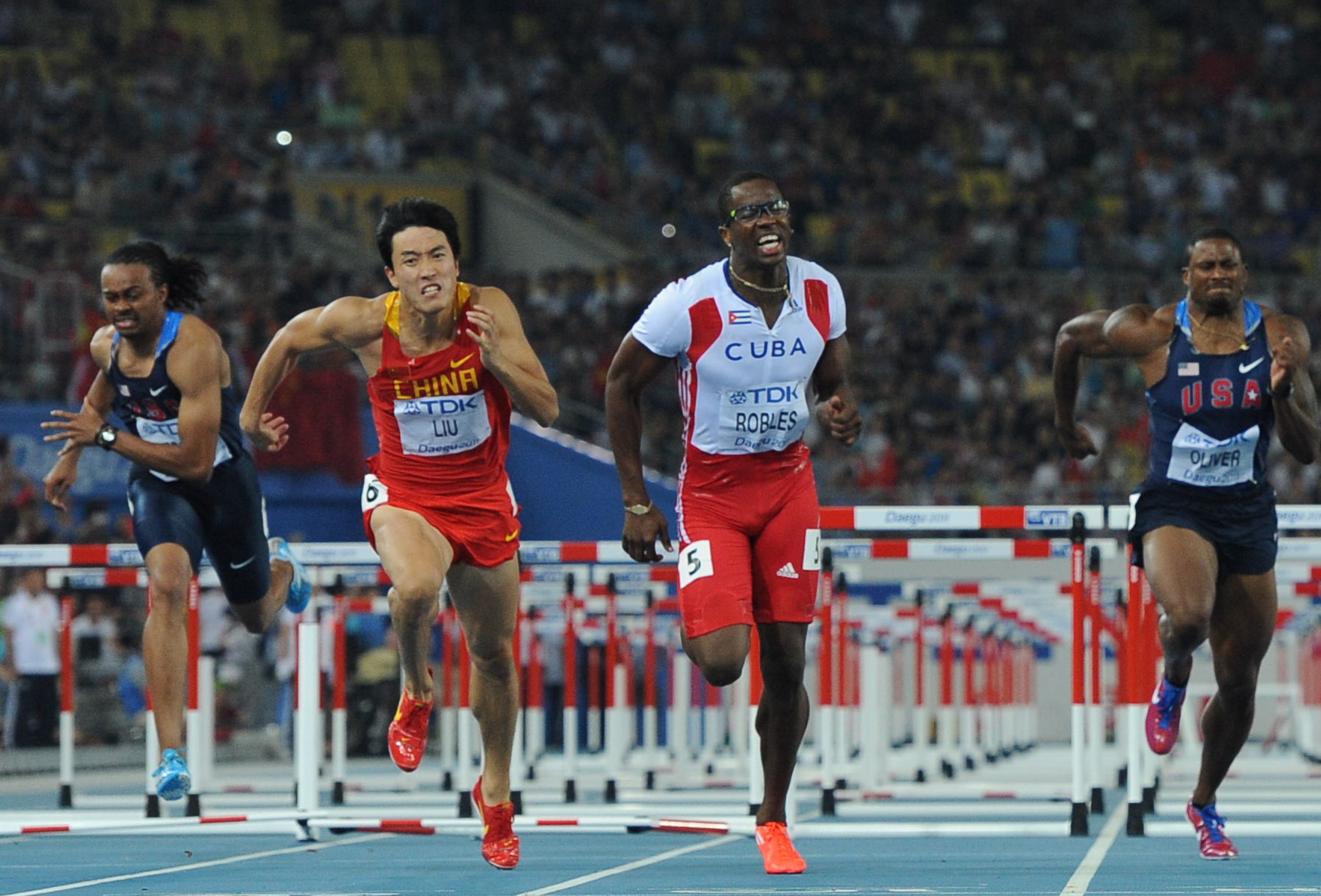 Liu Xiang in the 110m hurdles final at the 2011 World Championships in Daegu