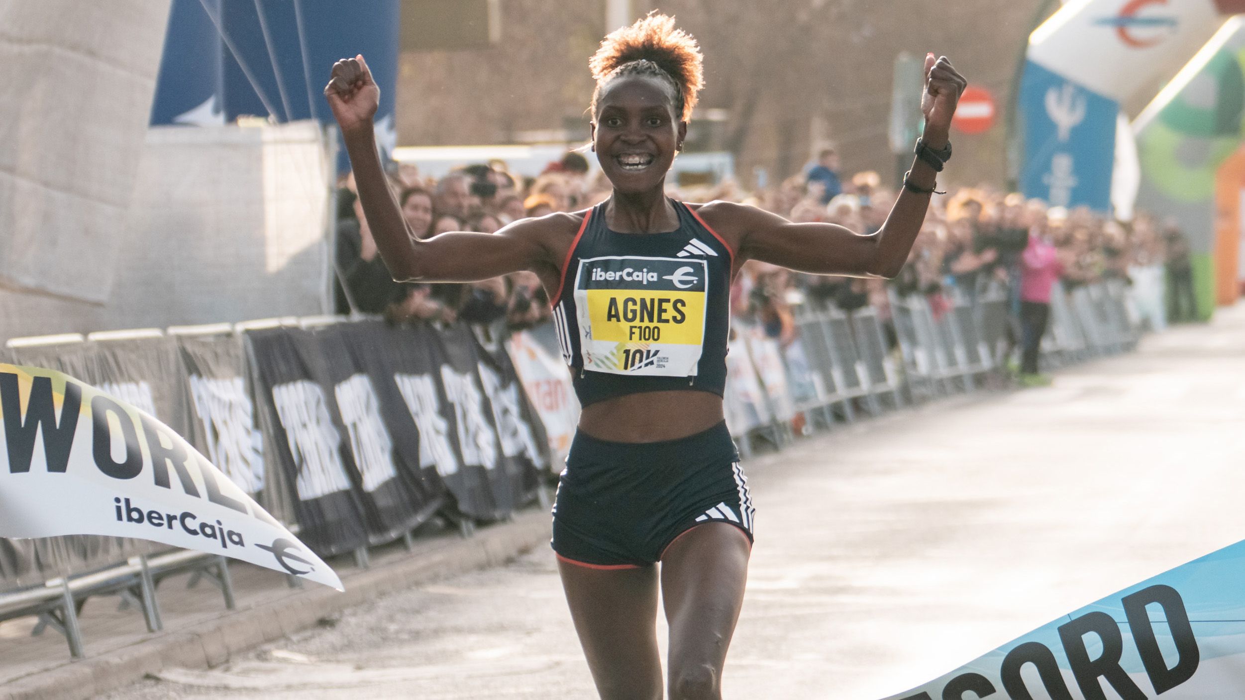 Agnes Ngetich celebrates her world 10km record in Valencia