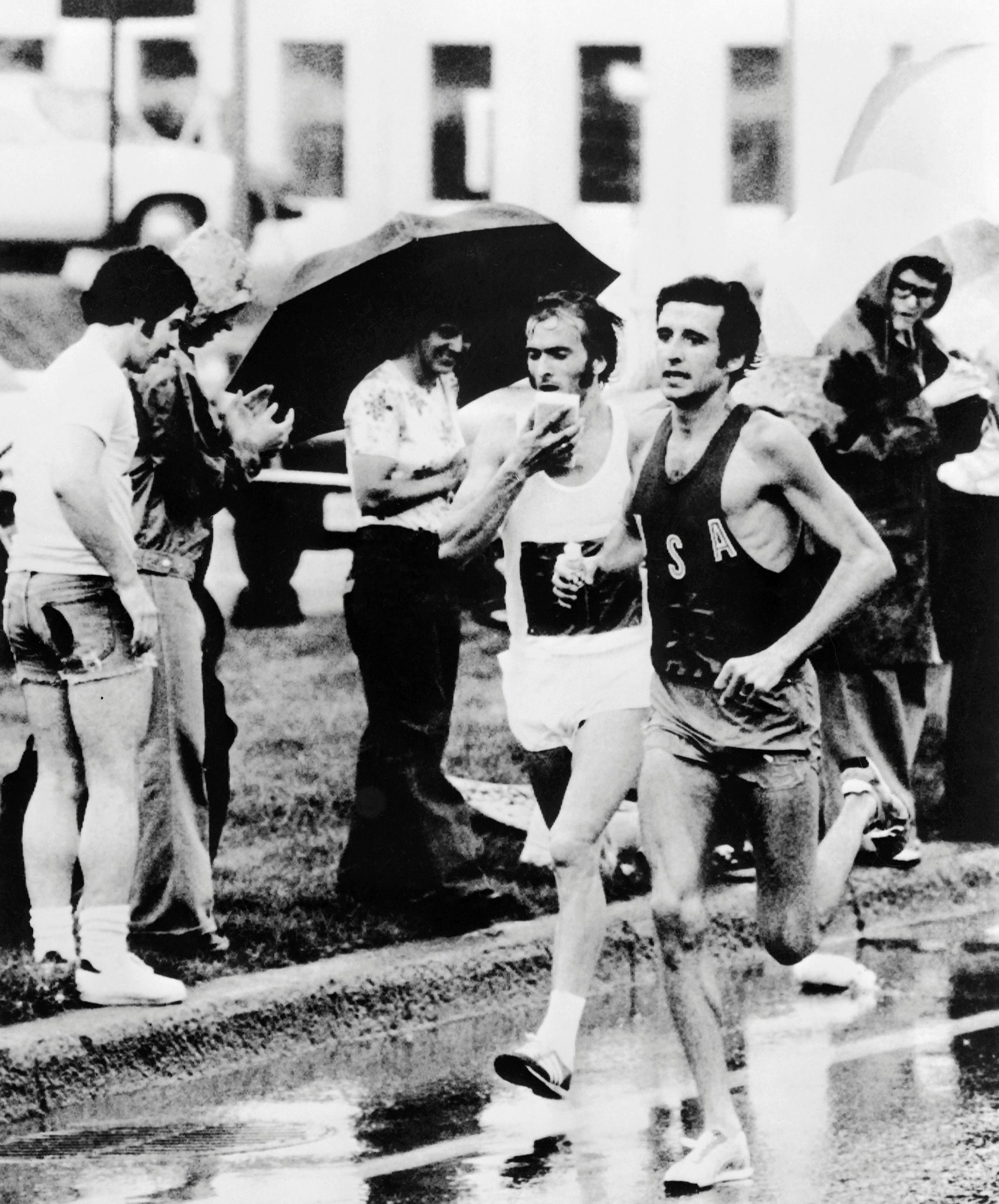 Frank Shorter (right) in action in the 1976 Olympic marathon