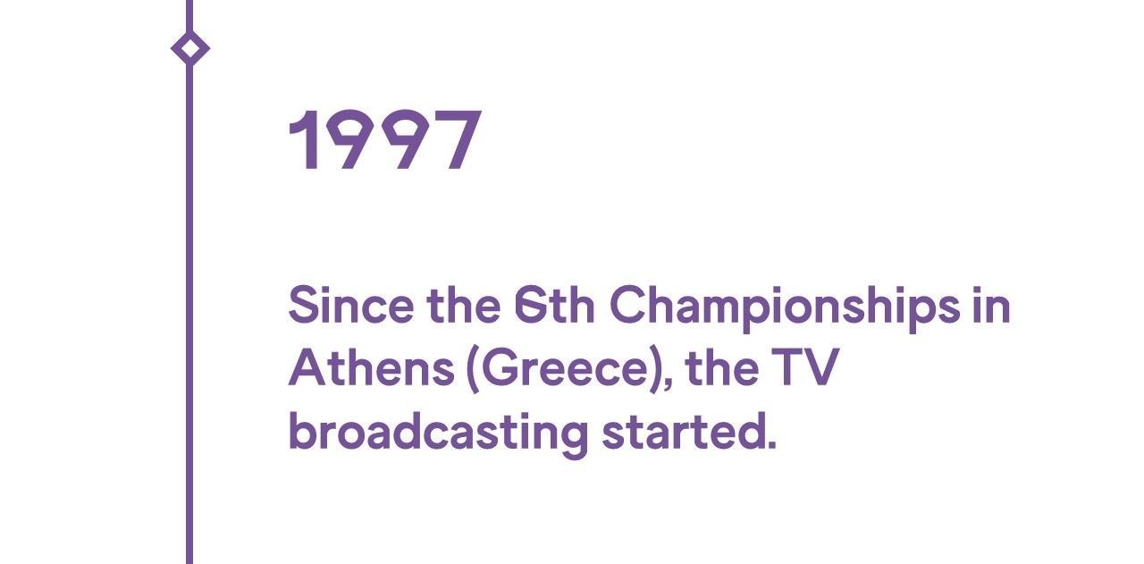 1997 since the 6th champonships in athens the tv broadcasting start