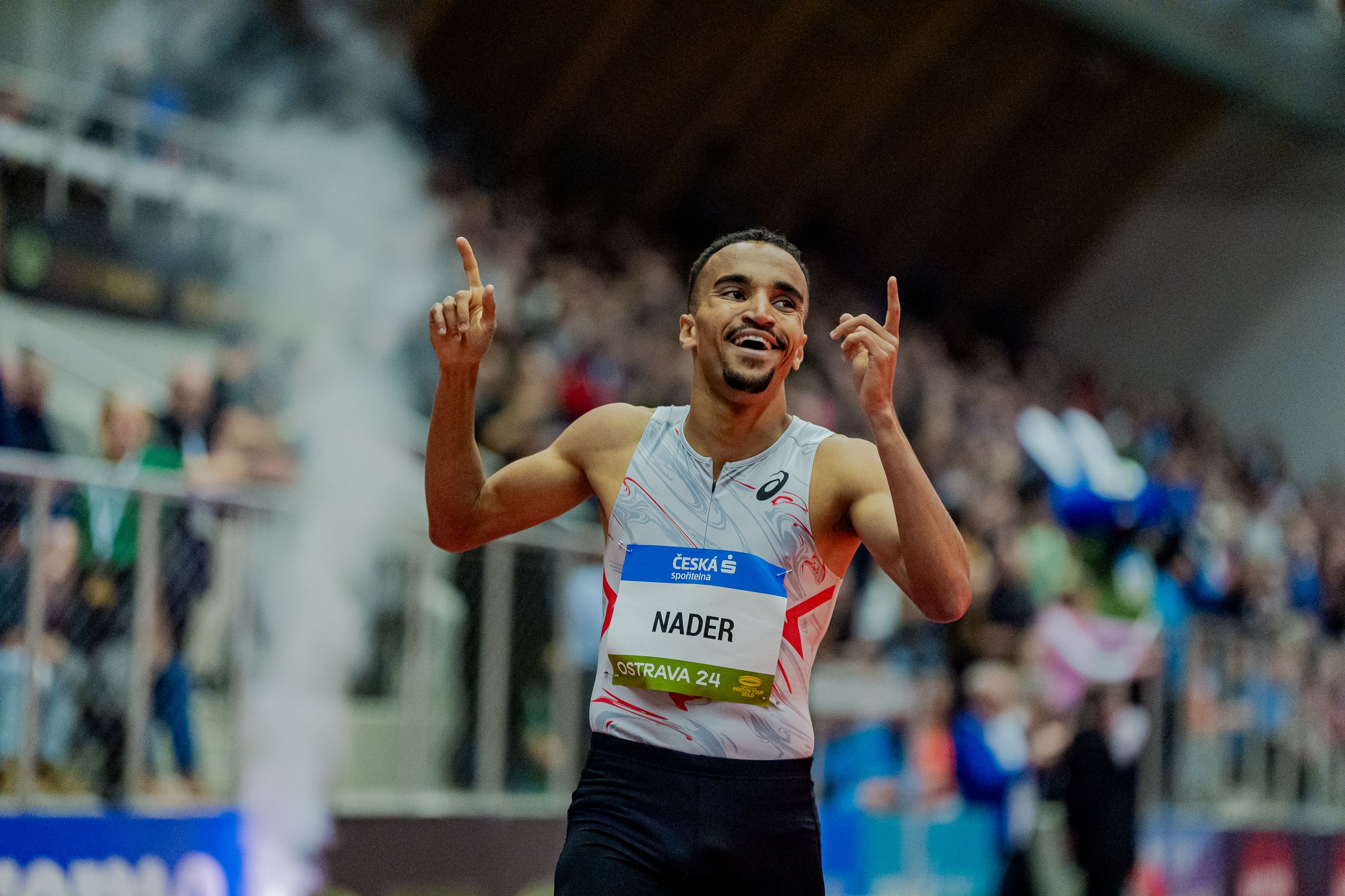 Isaac Nader celebrates his 1500m win in Ostrava