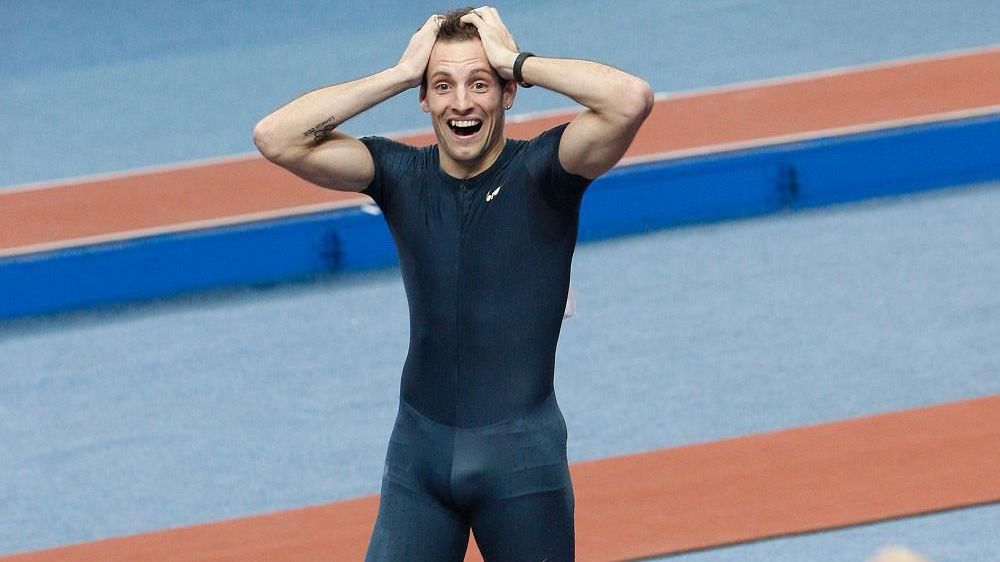 Renaud Lavillenie after clearing a world record of 6.16m at the 2014 Pole Vault Stars meeting in Donetsk