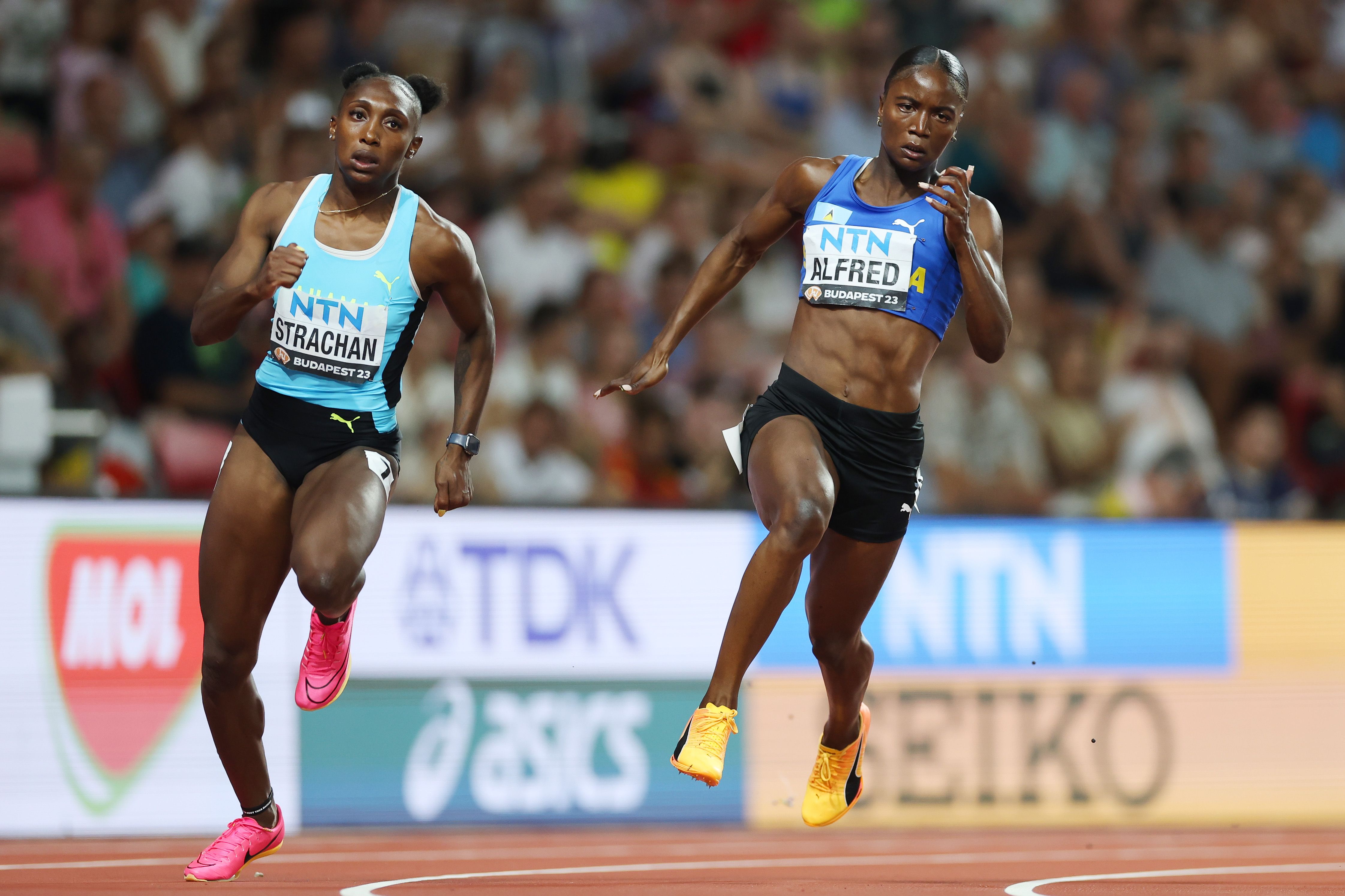 Julien Alfred in action in the 200m at the World Championships in Budapest