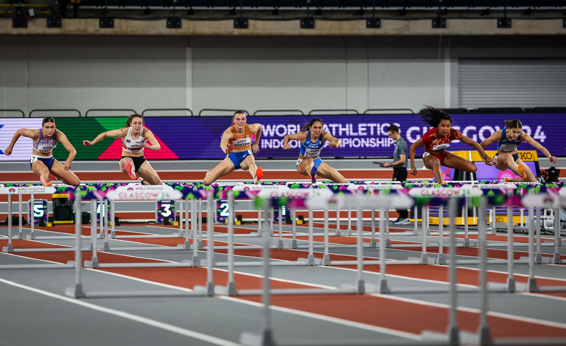 Pentathlon 60m hurdles action at WIC Glasgow 24