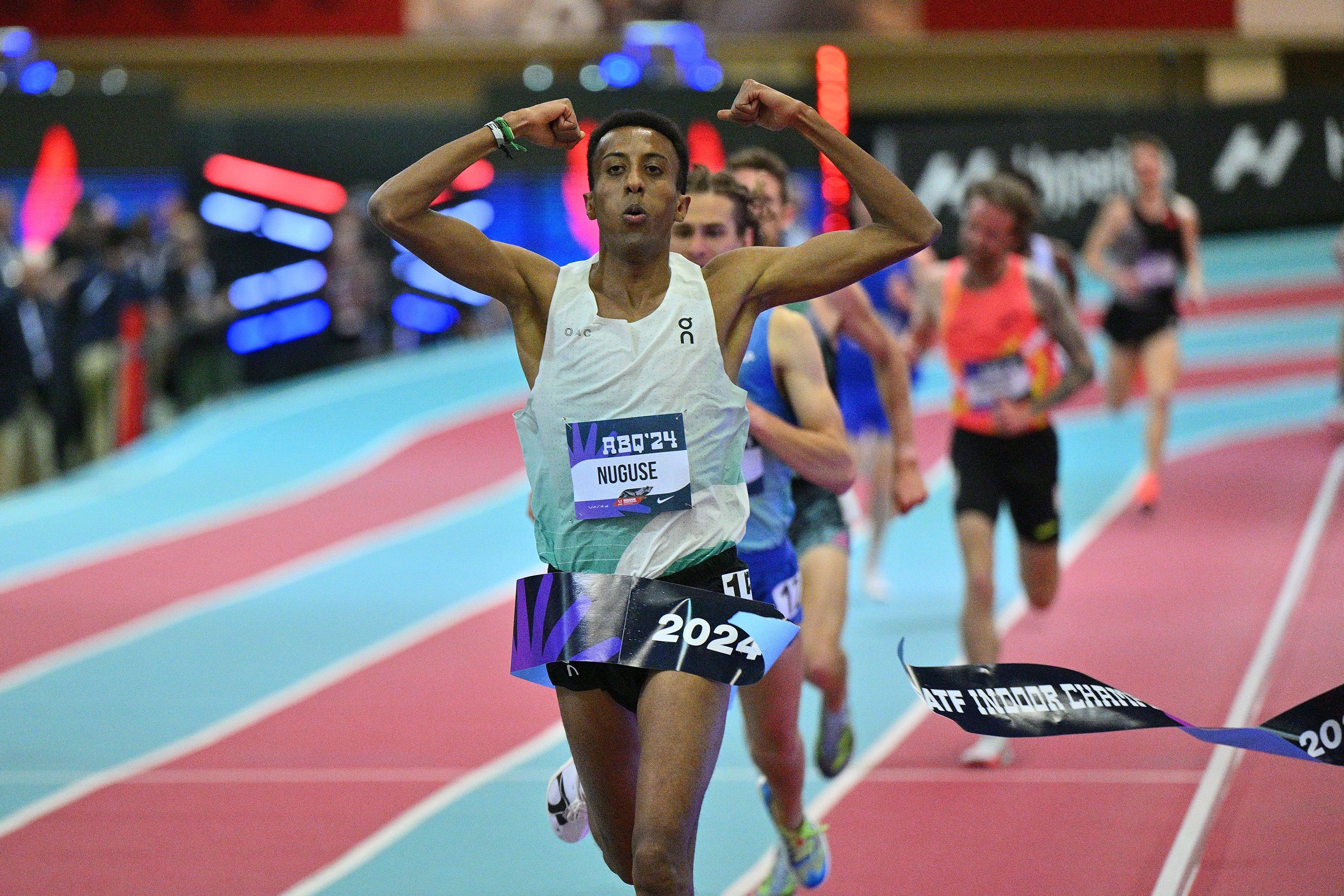 Yared Nuguse celebrates his win at the US Indoor Championships