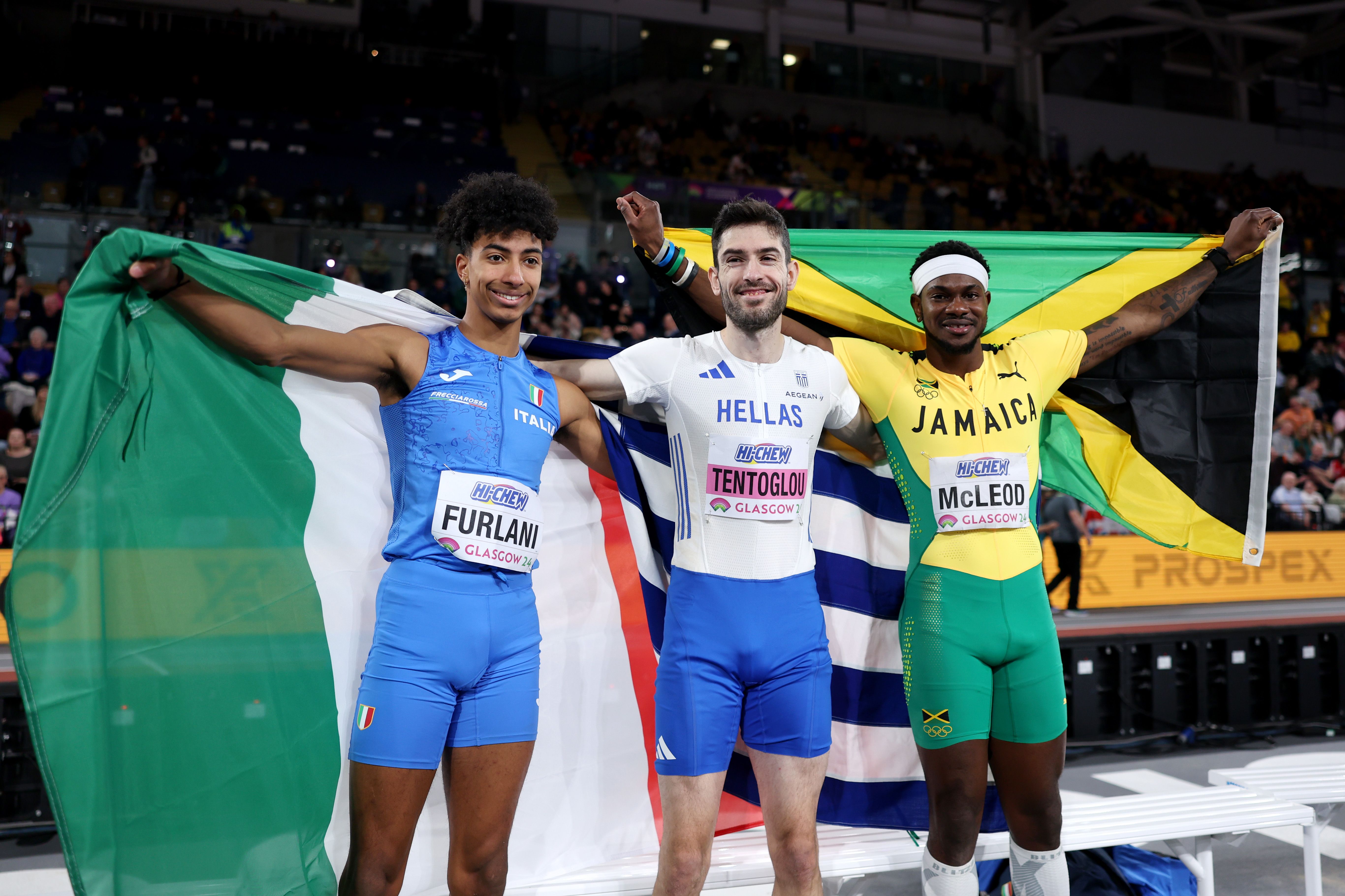 World indoor long jump medallists Mattia Furlani, Miltiadis Tentoglou and Carey McLeod in Glasgow