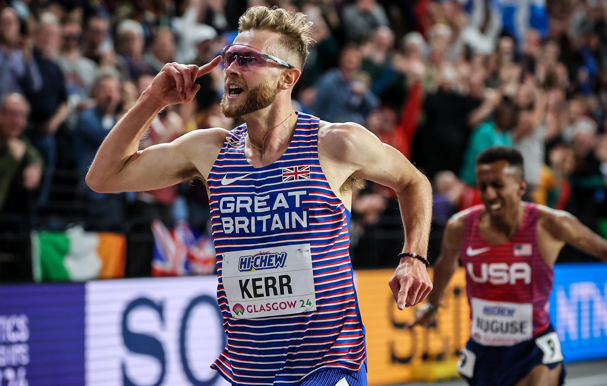 Josh Kerr celebrates his world indoor 3000m win in Glasgow