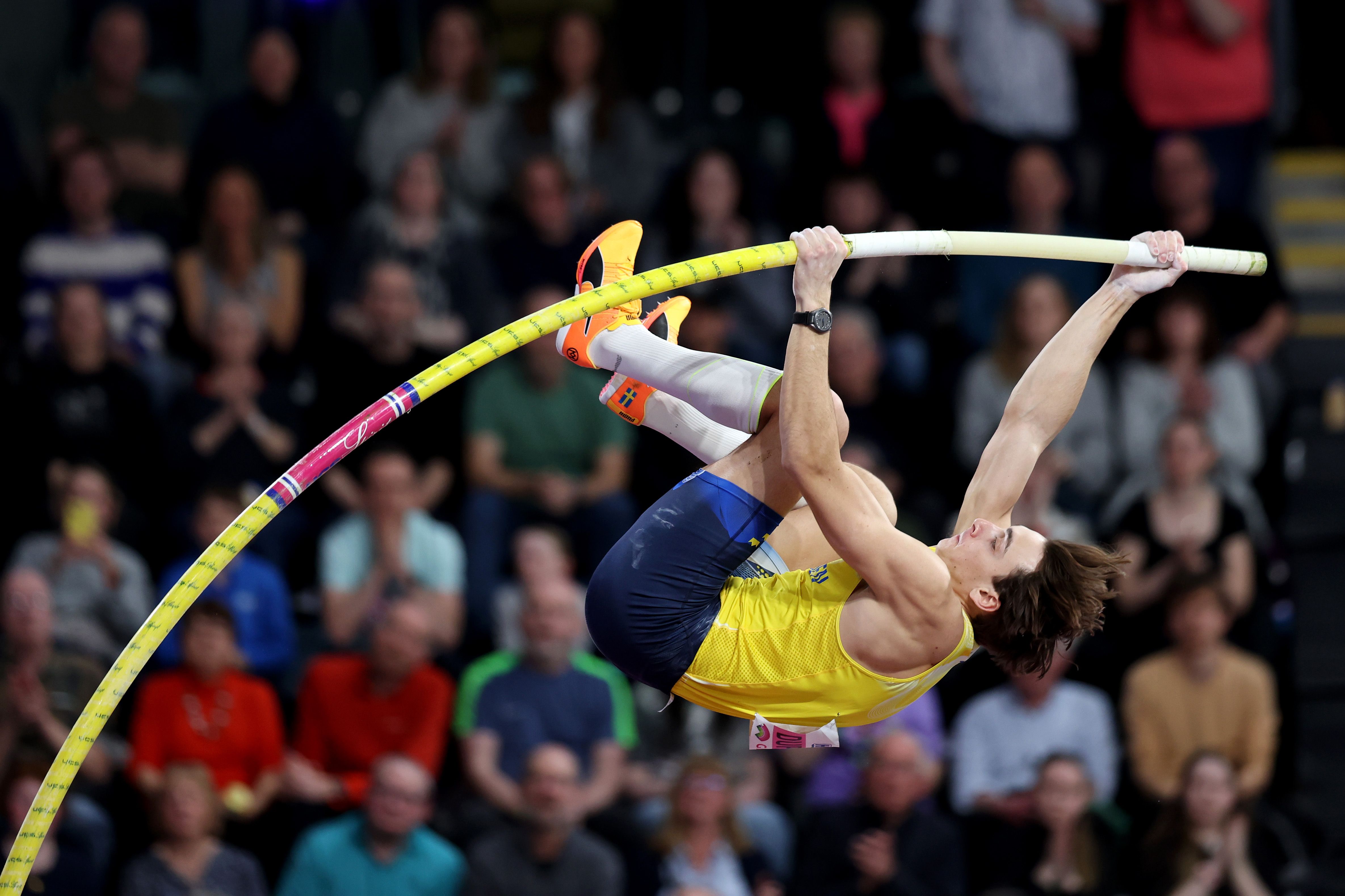 Mondo Duplantis in the pole vault at the World Athletics Indoor Championships Glasgow 24