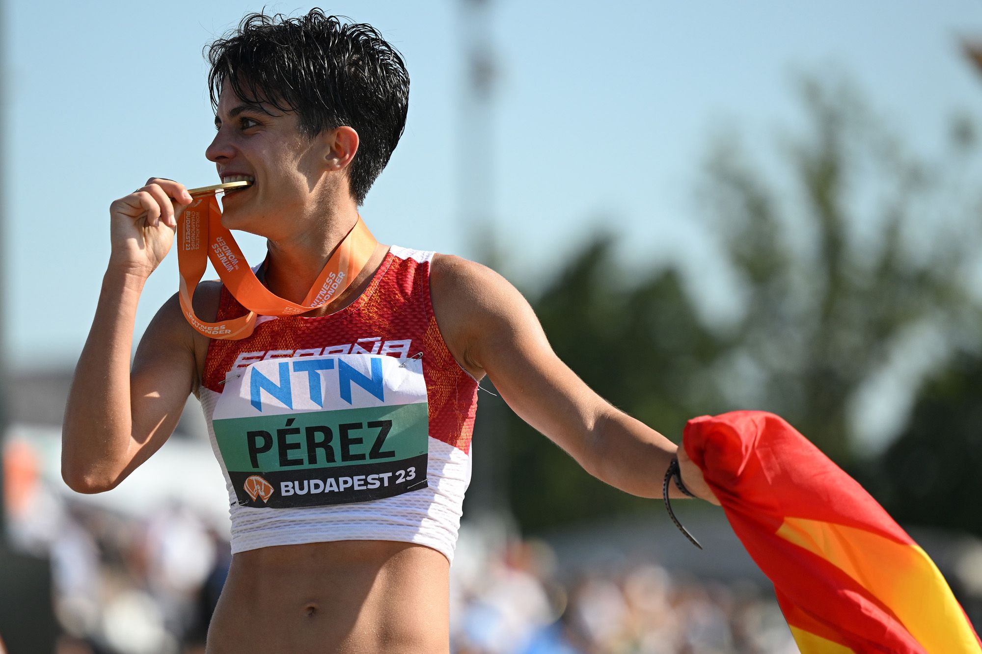 Maria Perez after winning the 35km race walk at the World Athletics Championships Budapest 23