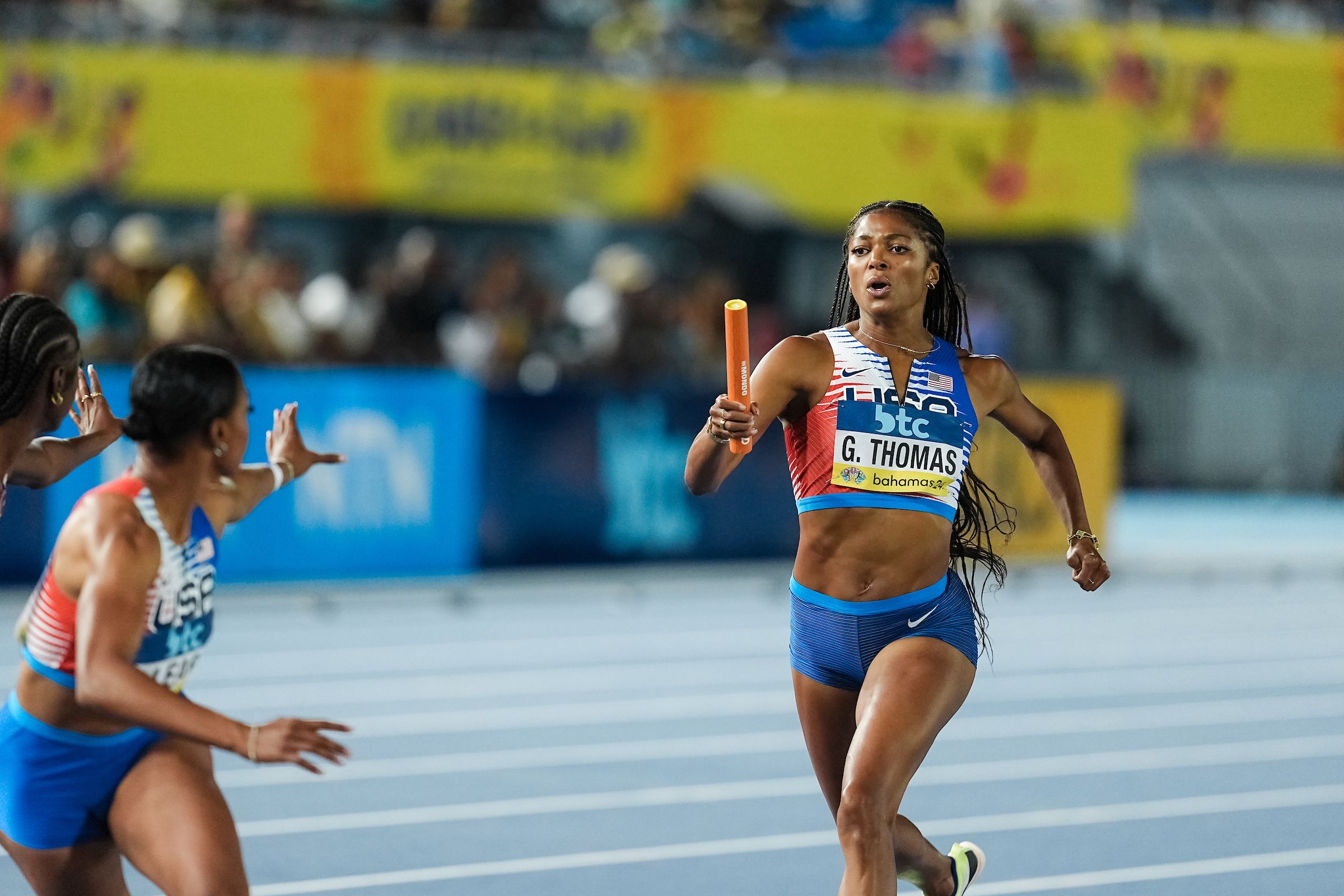USA's Gabby Thomas in the women's 4x400m at the World Athletics Relays Bahamas 24