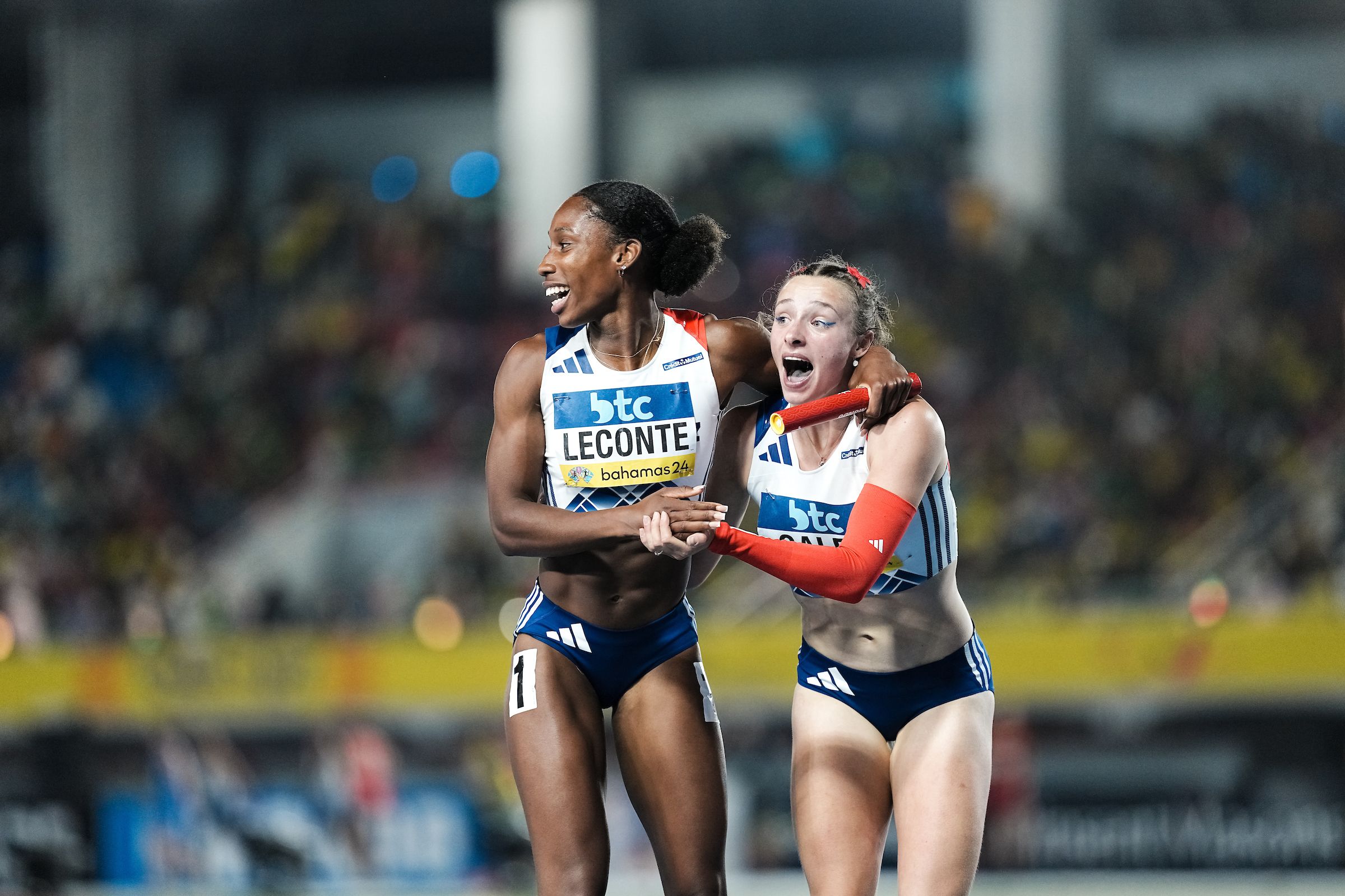 Mallory Leconte and Chloe Galet celebrate at the World Athletics Relays Bahamas 24