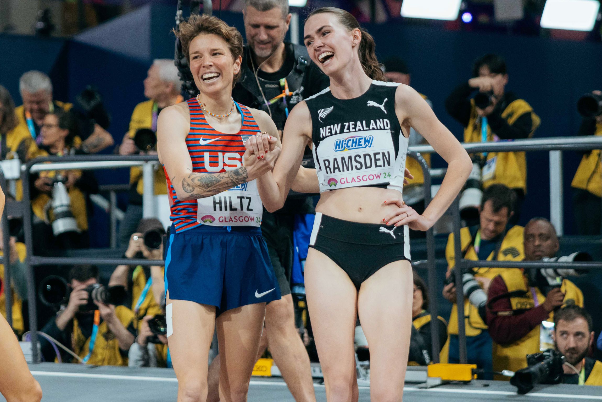 Nikki Hiltz and Maia Ramsden after the 1500m at the World Indoor Championships