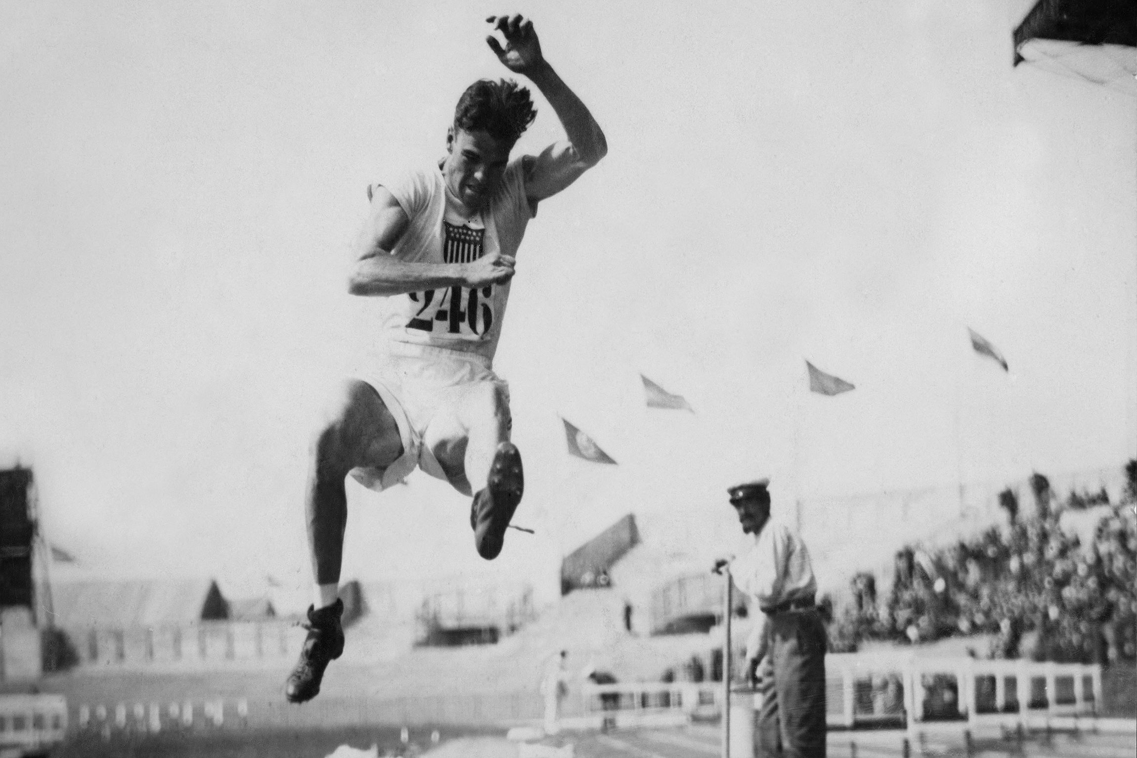 Robert LeGendre sets a long jump record within the pentathlon at the 1924 Olympics