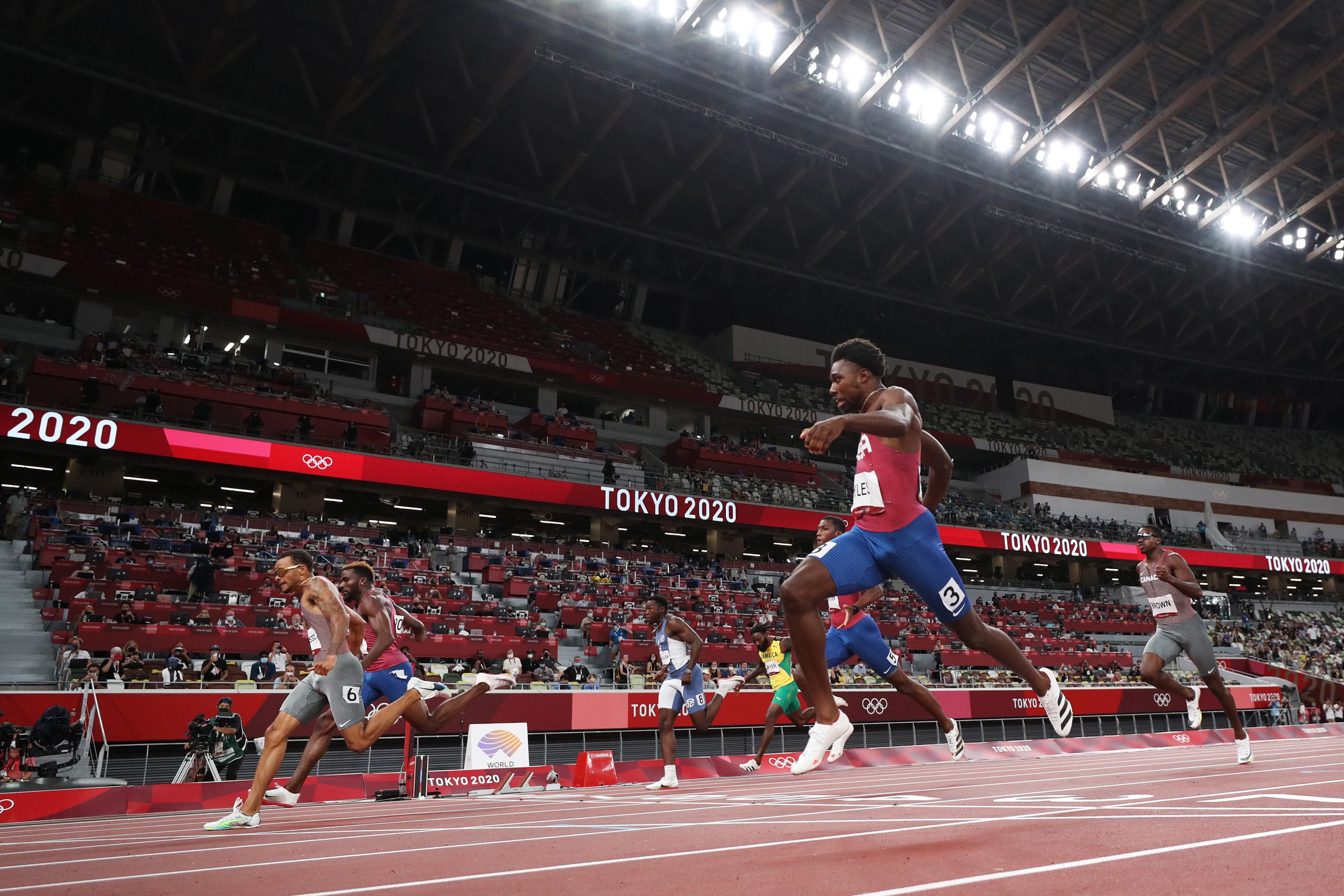 Noah Lyles, Andre De Grasse and Kenny Bednarek at the Tokyo Olympics