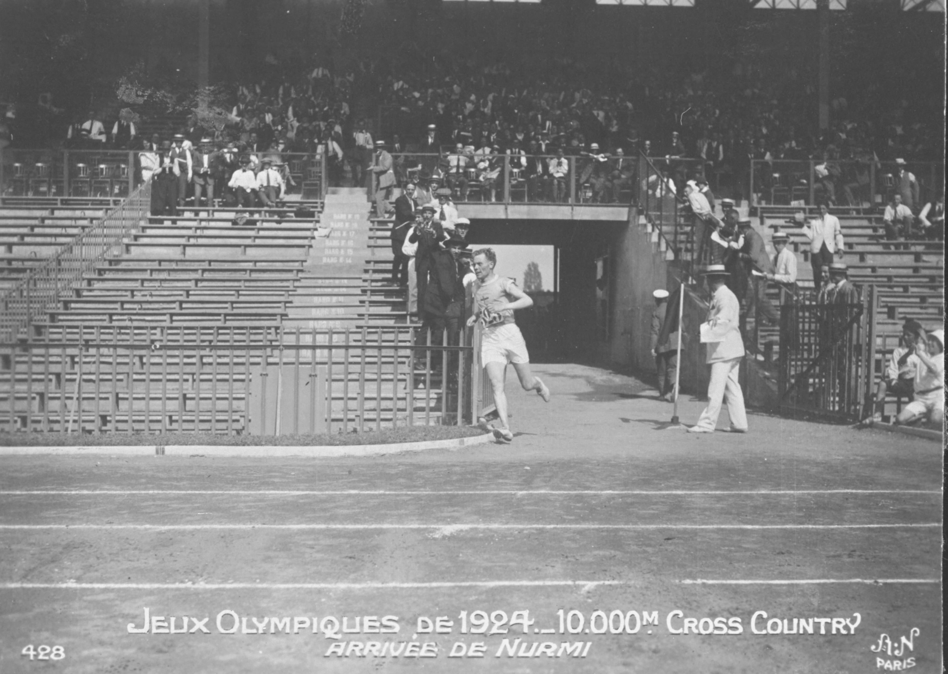 Paavo Nurmi enters the stadium after the cross country at the Paris 1924 Olympics