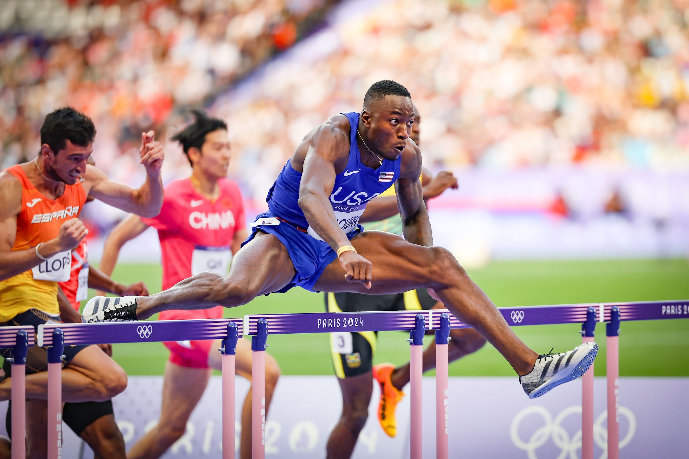 Grant Holloway in the 110m hurdles at the Paris 2024 Olympic Games